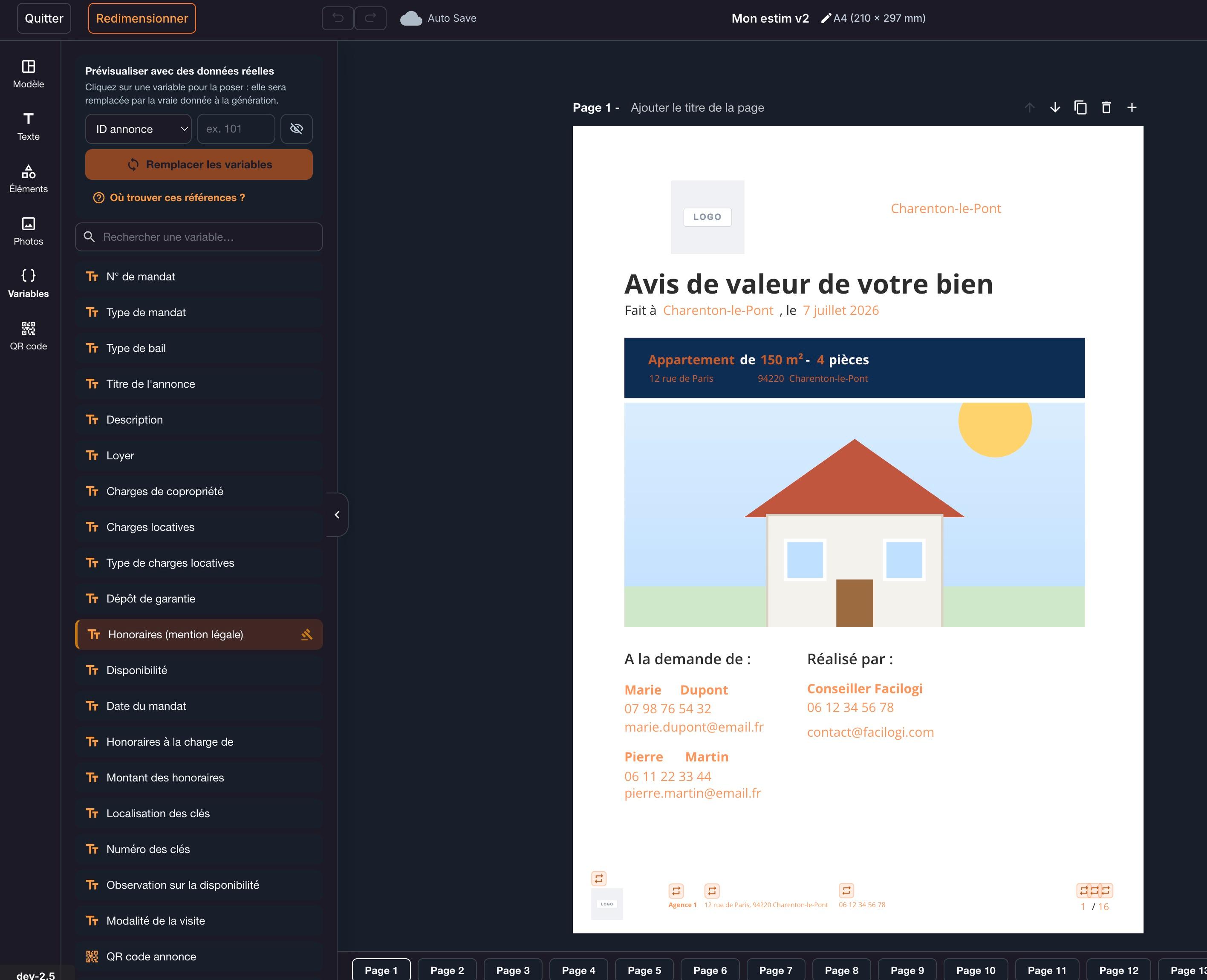 Le menu « Variables » : la liste des variables à poser, et « Prévisualiser avec des données réelles » au-dessus. Sur la page, les variables affichent un contenu fictif en orange.