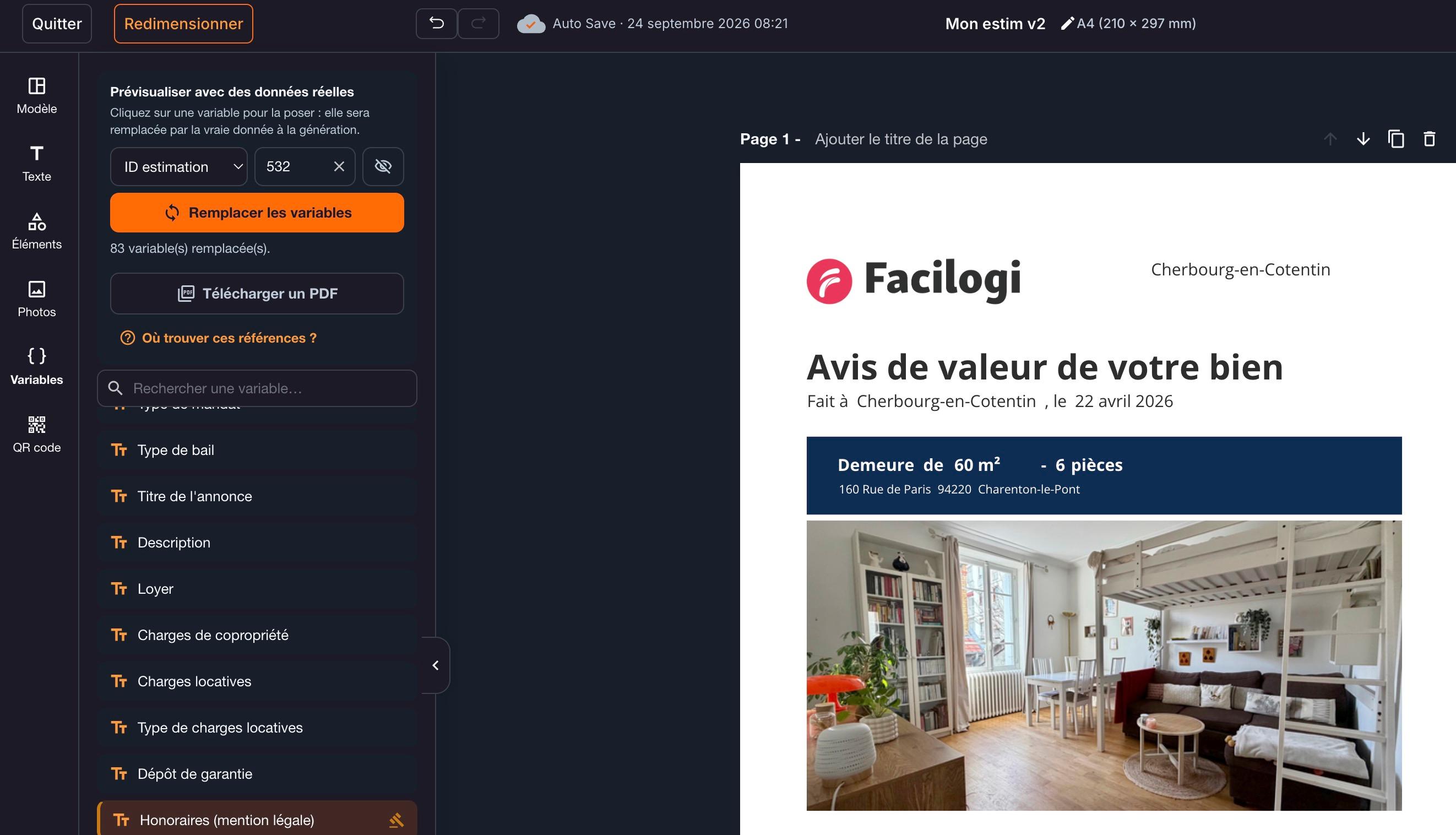 « ID estimation », la référence 532, puis « Remplacer les variables » : le document se remplit avec les vraies données. « Télécharger un PDF » récupère le résultat.