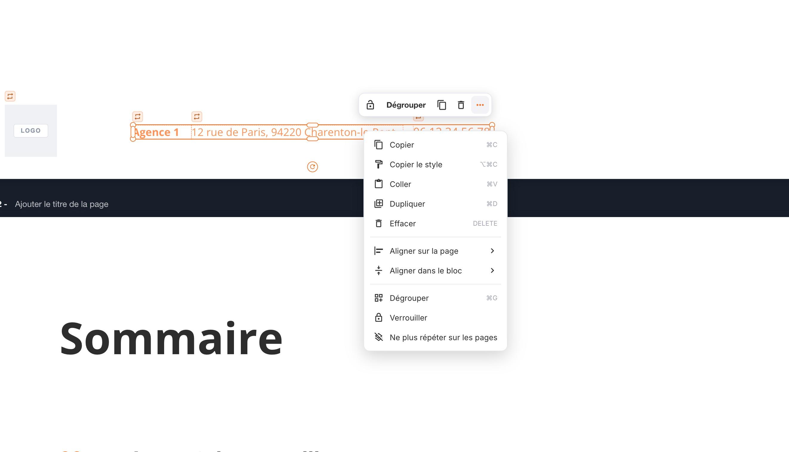 Le menu « … » d'un groupe de variables : copier, coller, dupliquer, aligner, grouper, verrouiller, et la répétition sur toutes les pages.