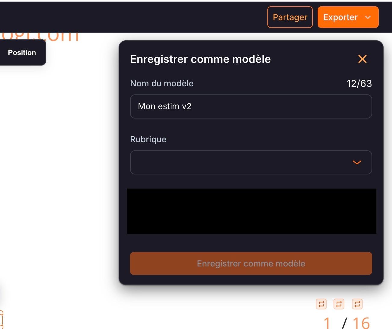 « Exporter », puis « Enregistrer comme modèle » : le nom du modèle et sa « Rubrique ».