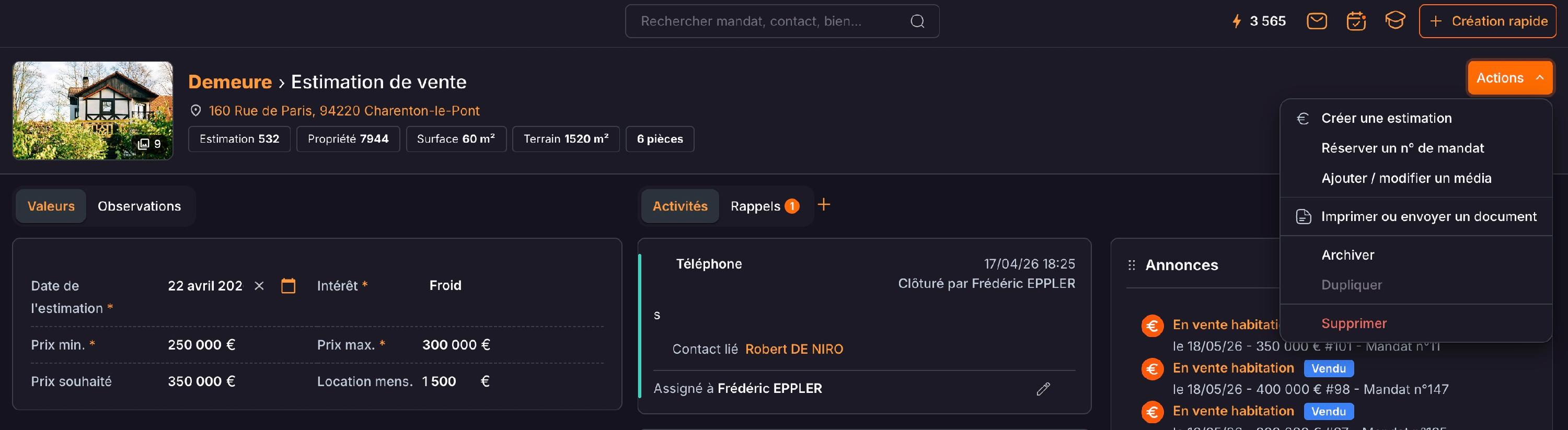 Sur l'estimation, le menu « Actions » : « Imprimer ou envoyer un document ».