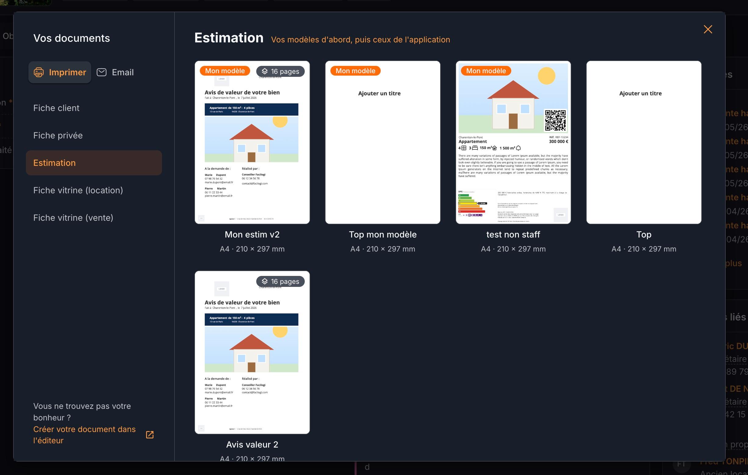 L'onglet « Estimation » de « Vos documents » : vos modèles d'abord, avec la pastille « Mon modèle », puis ceux de l'application.
