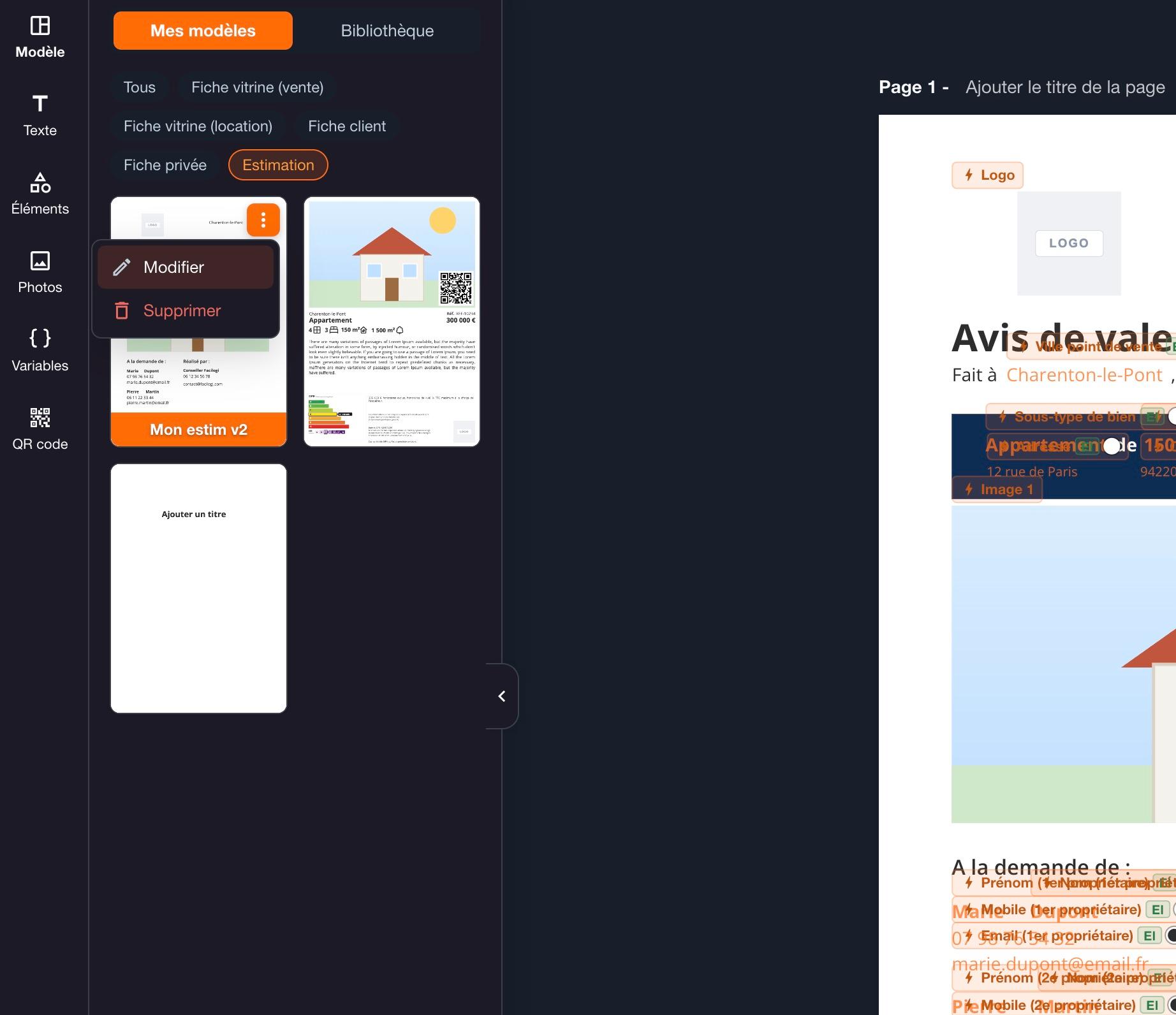 « Modèle », onglet « Mes modèles » filtré sur « Estimation » : le menu du modèle propose « Modifier » et « Supprimer ».