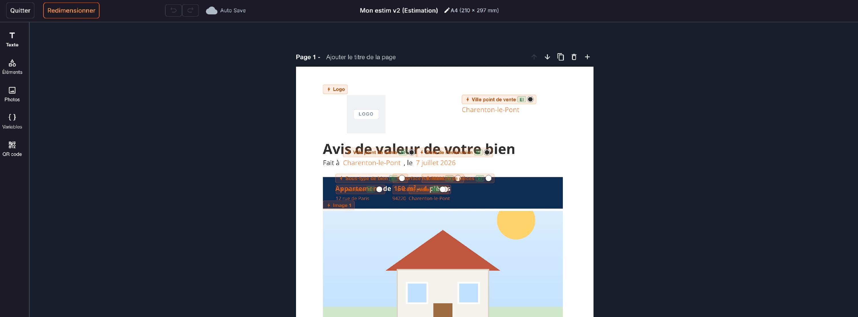 Le modèle ouvert en modification : son nom est suivi de sa rubrique, ici « Mon estim v2 (Estimation) ».
