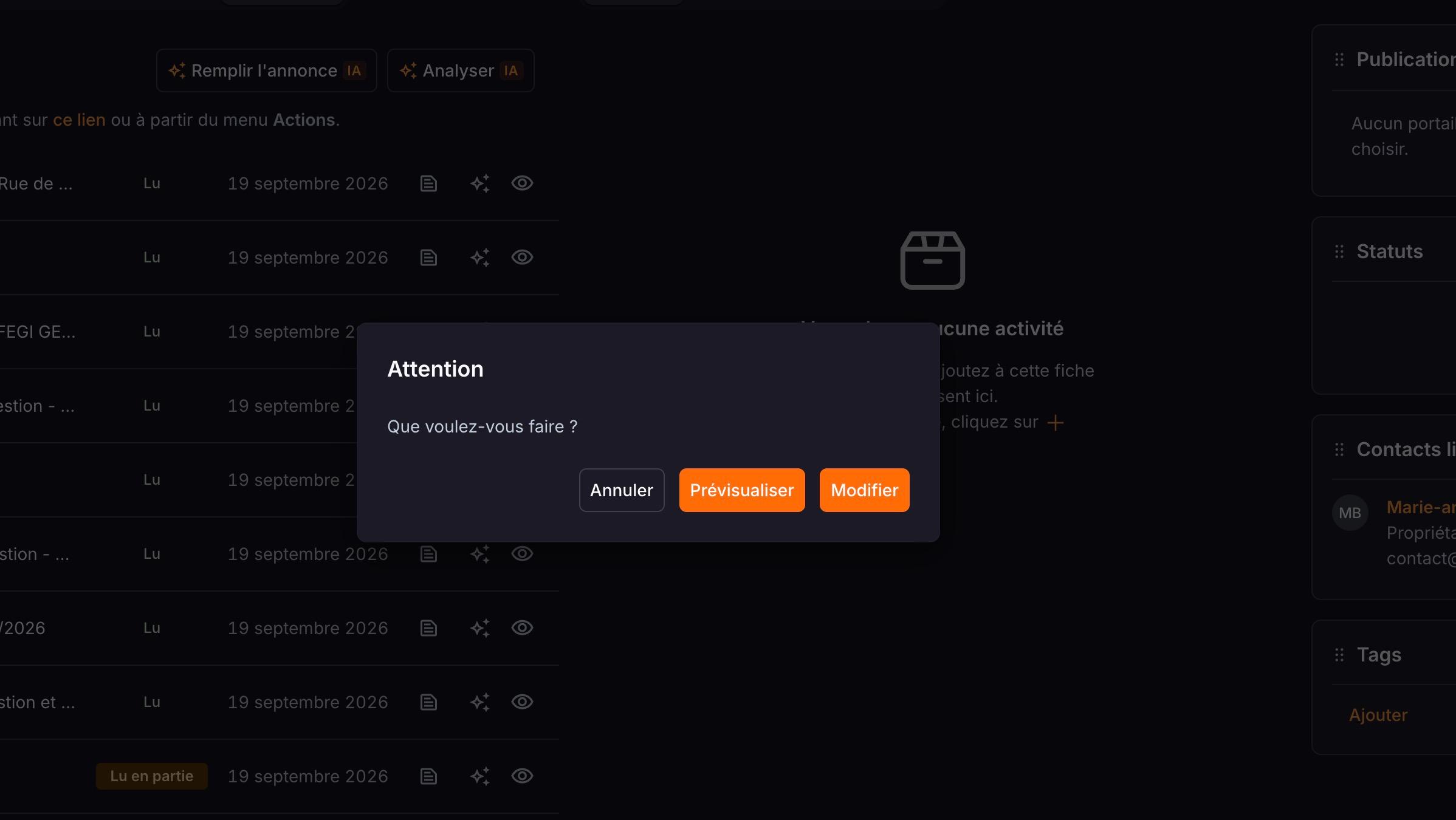 Au clic sur un document, la fenêtre « Attention » propose de le « Prévisualiser » ou de le « Modifier ».