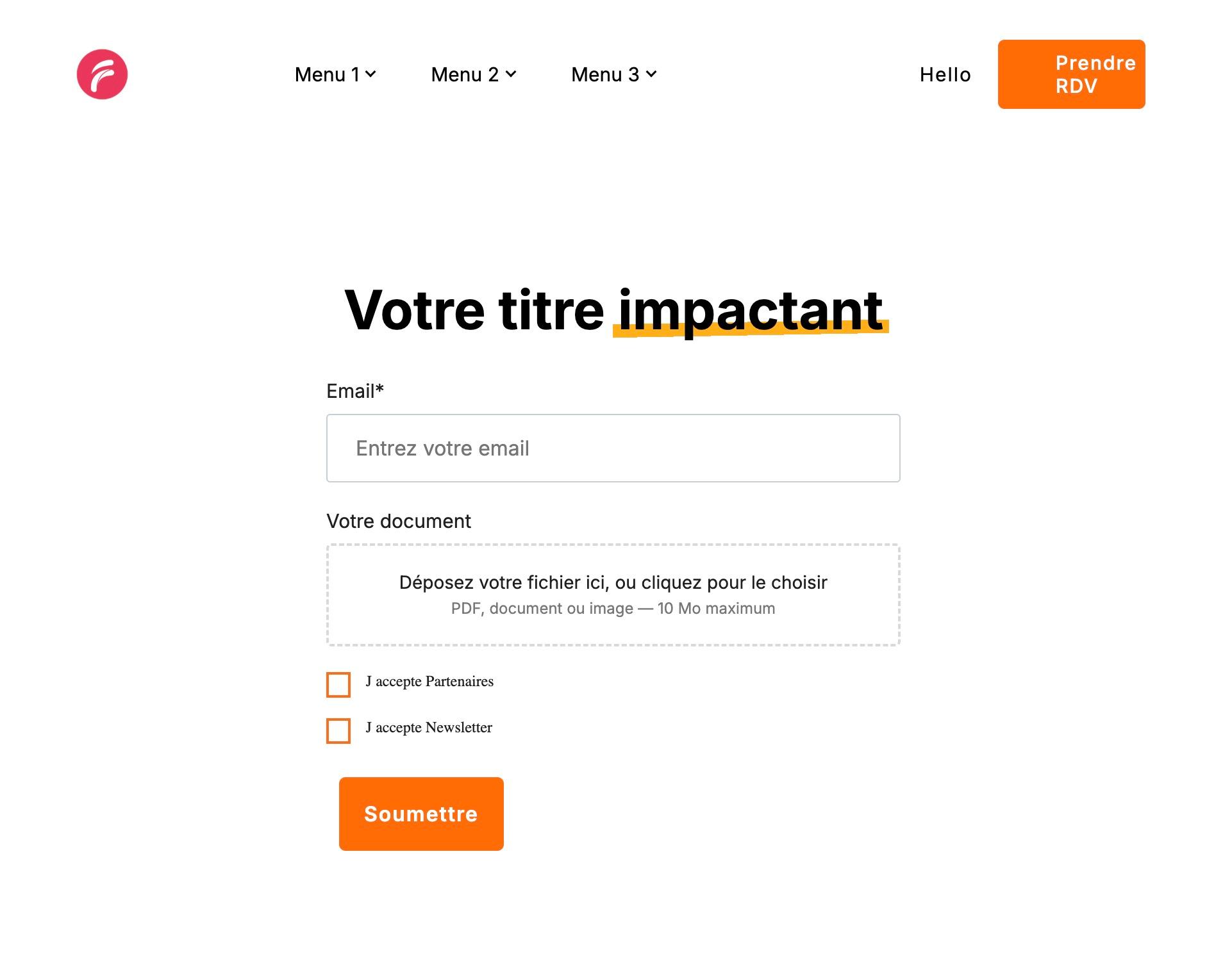 Une page de capture publiée avec le champ de dépôt « Votre document » : le candidat y dépose son dossier (PDF, document ou image, 10 Mo maximum).