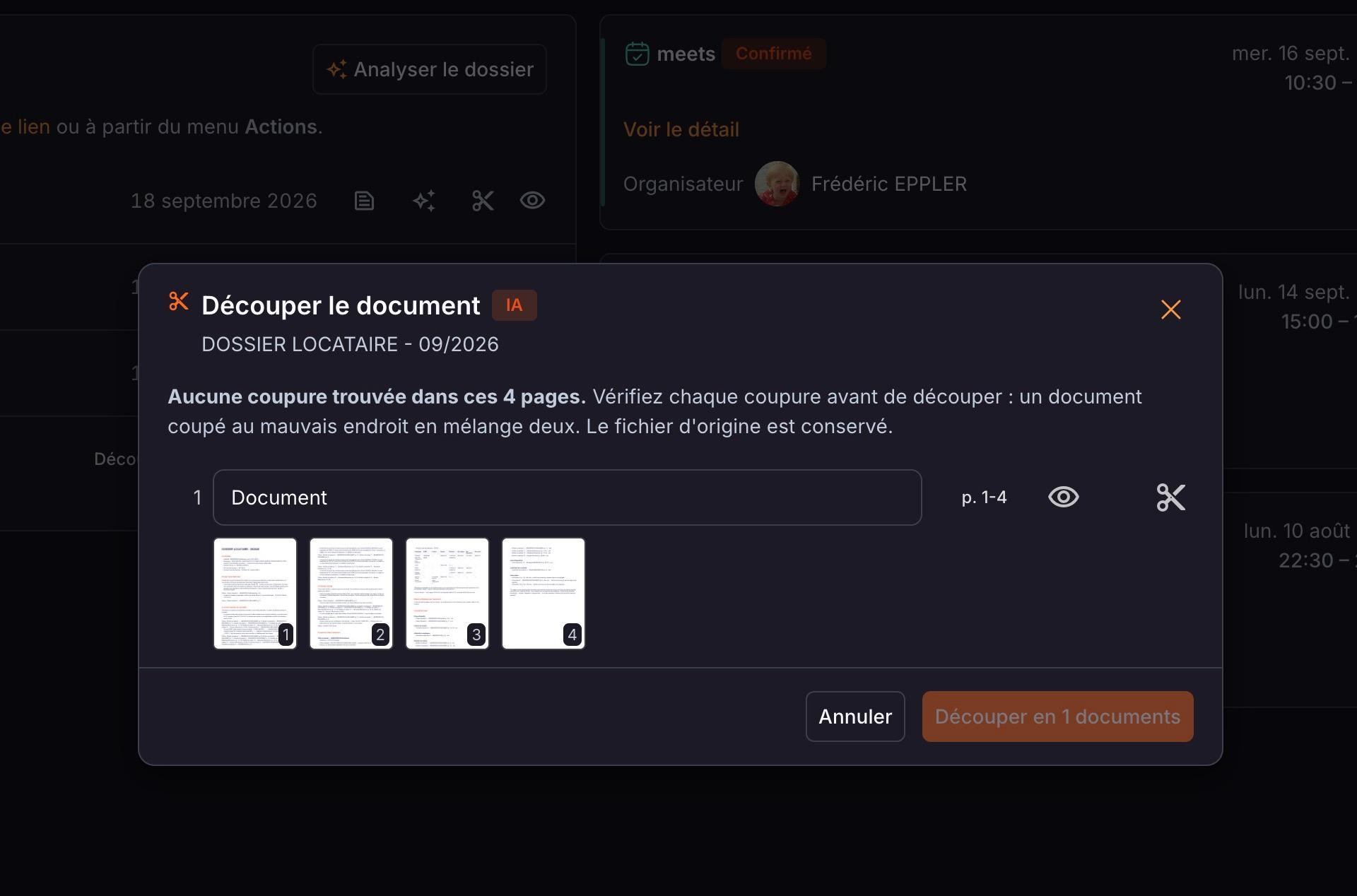 La fenêtre « Découper le document » d'un dossier locataire : l'IA propose les coupures page par page, à vérifier avant de cliquer sur « Découper en … documents ».