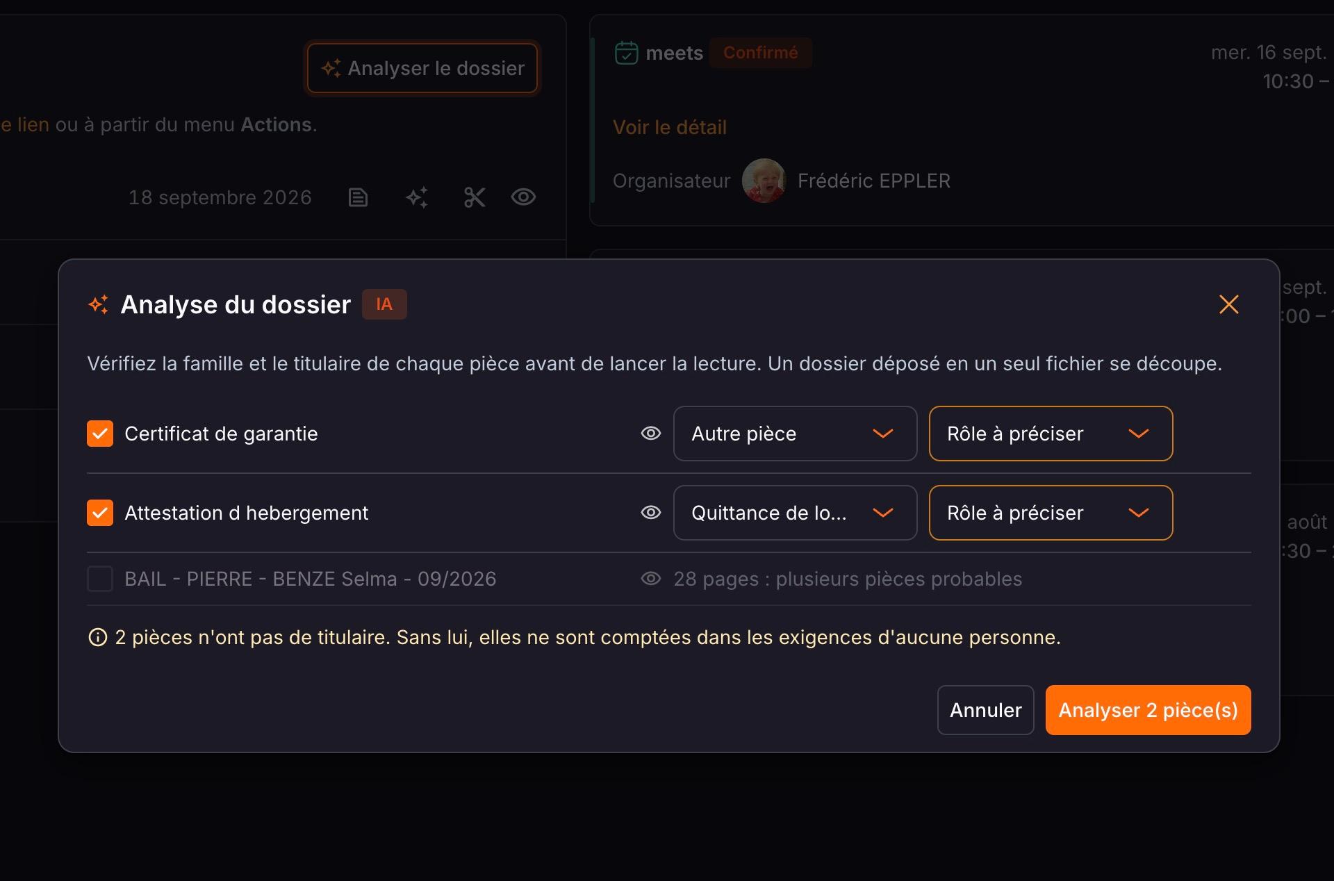 La fenêtre « Analyse du dossier » : pour chaque pièce, vérifiez la famille de document et le rôle du titulaire avant de cliquer sur « Analyser … pièce(s) ».