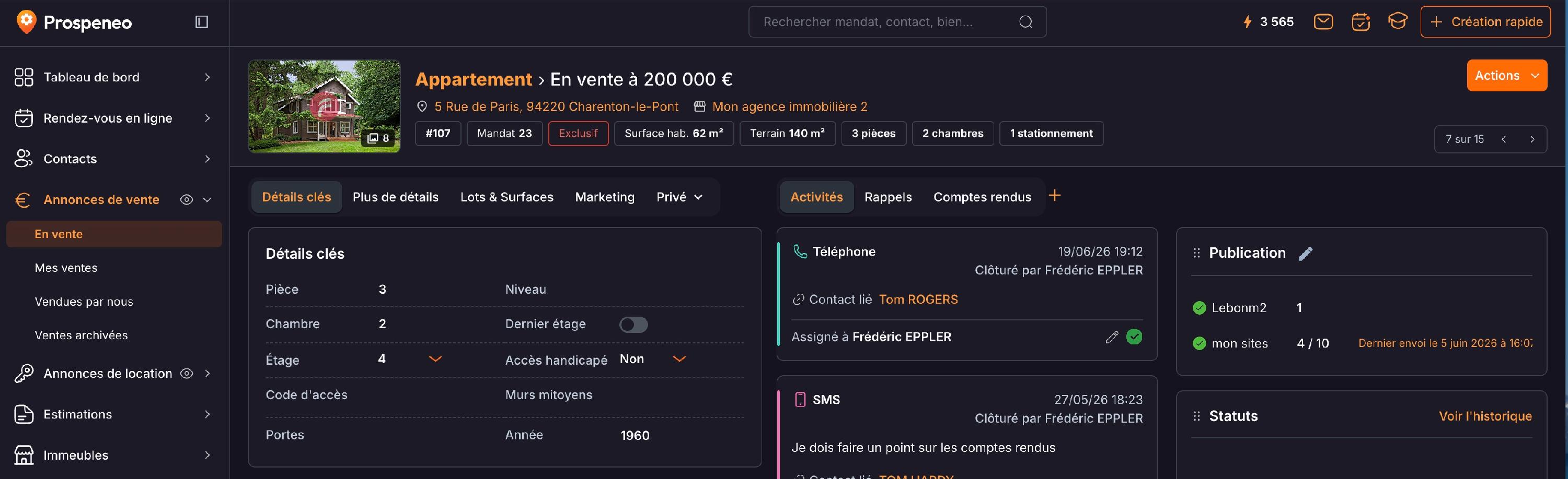 Vue complète : l'œil à côté de « Annonces de vente » et « Annonces de location » est ouvert. Les onglets « Marketing » et « Privé », l'activité et la publication sont visibles.