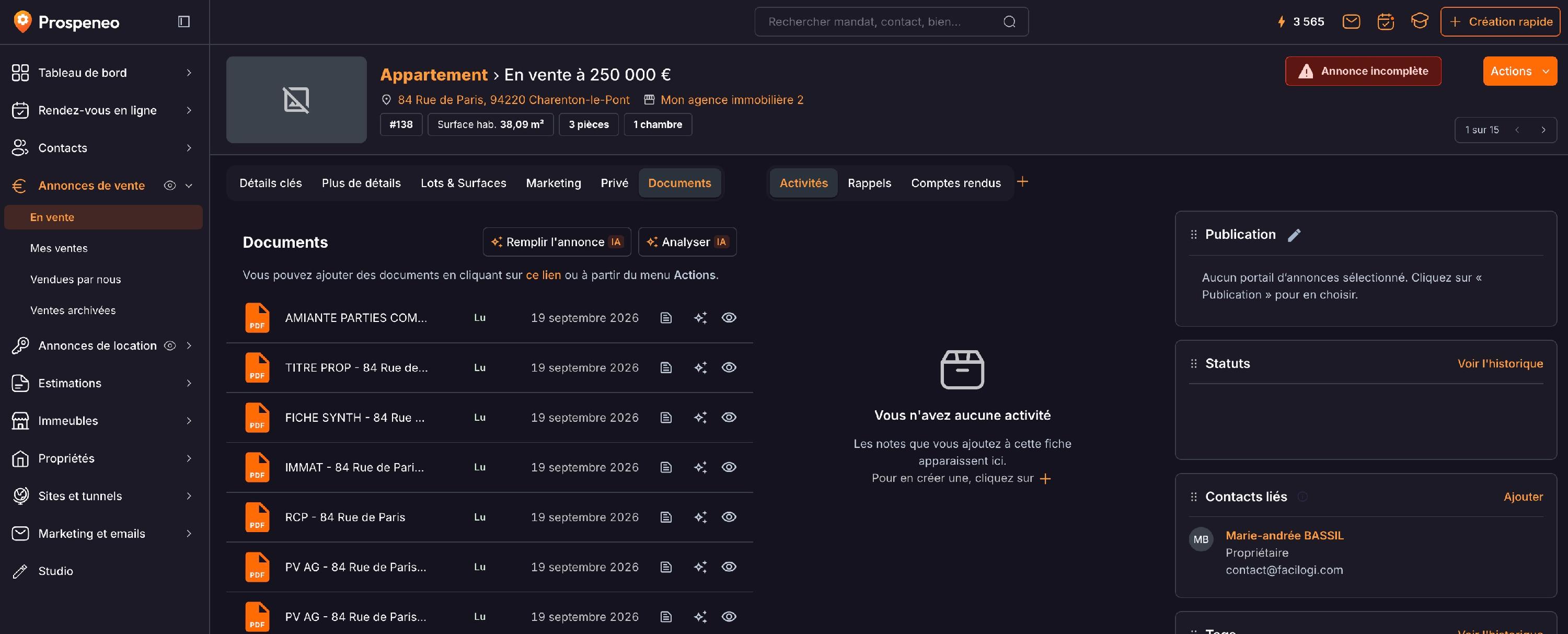 L'onglet « Documents » de l'annonce : les boutons « Remplir l'annonce » et « Analyser », au-dessus de la liste des documents joints.