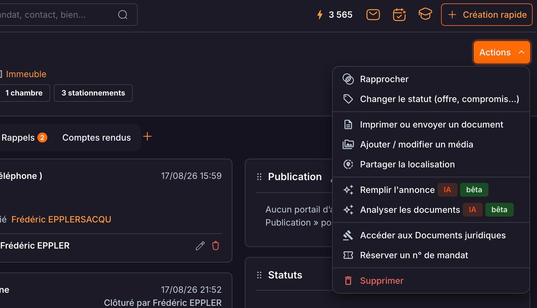 Le menu « Actions » de l'annonce : « Ajouter / modifier un média » ouvre le gestionnaire de médias.