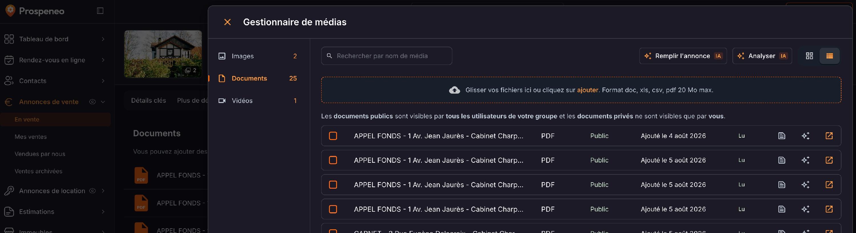 Le « Gestionnaire de médias », rubrique « Documents » : la bascule en haut à droite passe de la vue miniatures à la vue liste.