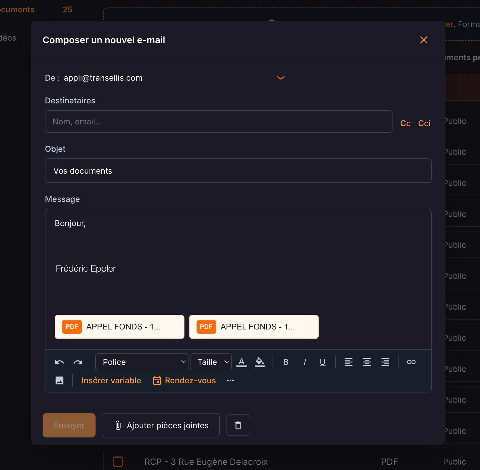 La fenêtre « Composer un nouvel e-mail » s'ouvre avec les documents déjà joints : il reste à choisir le destinataire, ajuster l'objet et écrire le message.