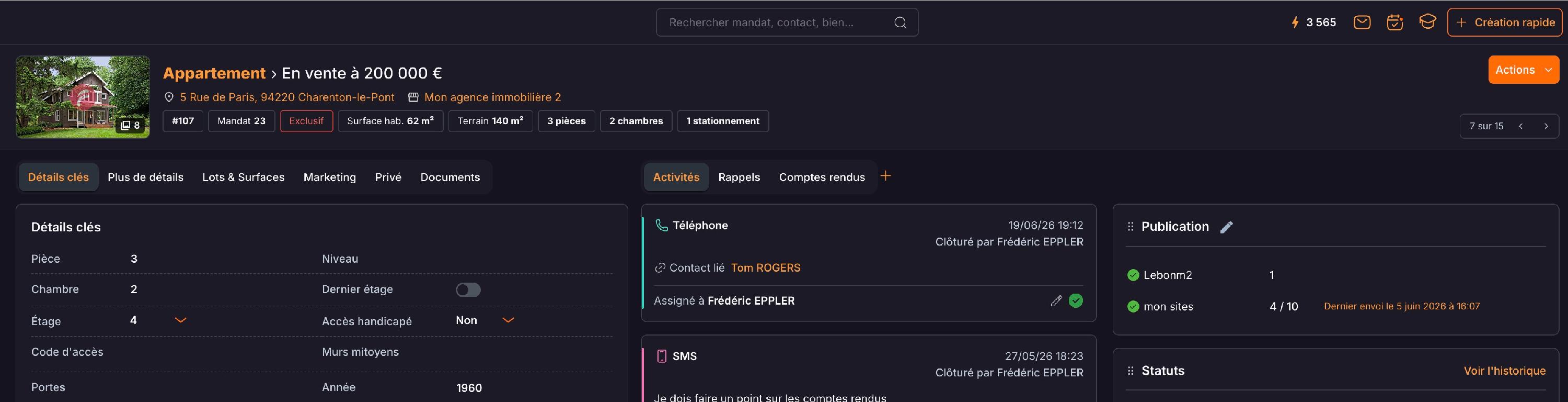 Le bloc « Publication » d'une annonce : « mon sites » affiche 4 annonces sur un quota de 10 et son dernier envoi, « Lebonm2 » 1 annonce et pas encore de date.
