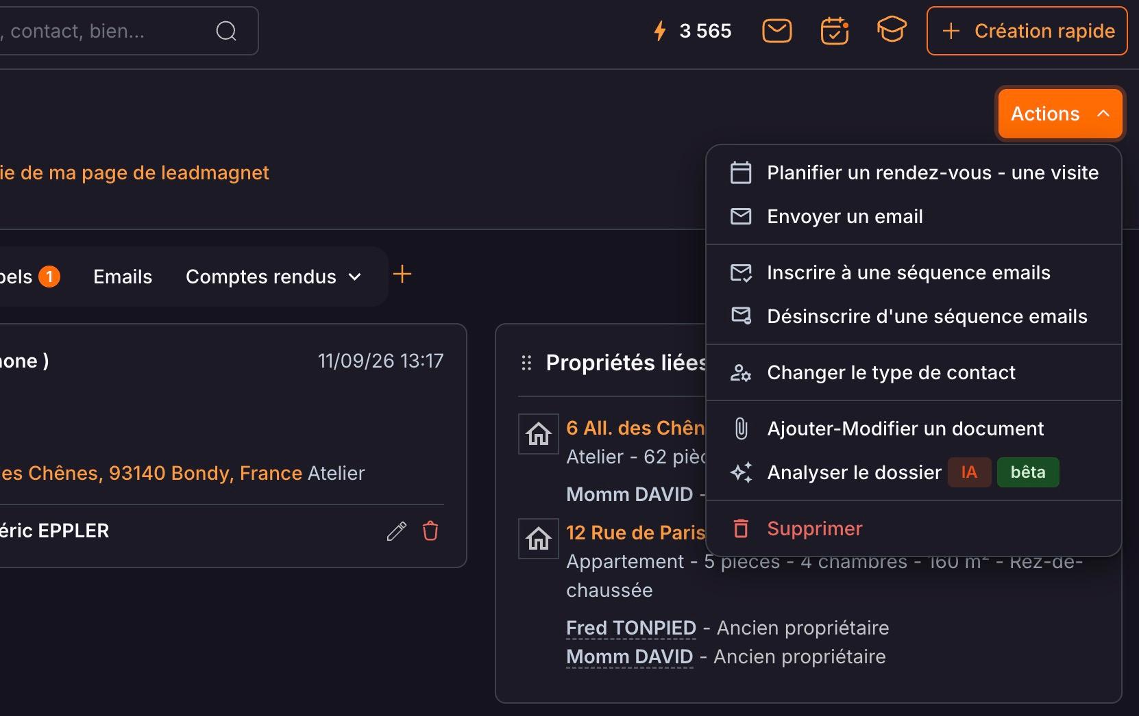 Le menu « Actions » de la fiche contact : « Envoyer un email » ouvre la messagerie avec l'adresse du contact déjà renseignée.