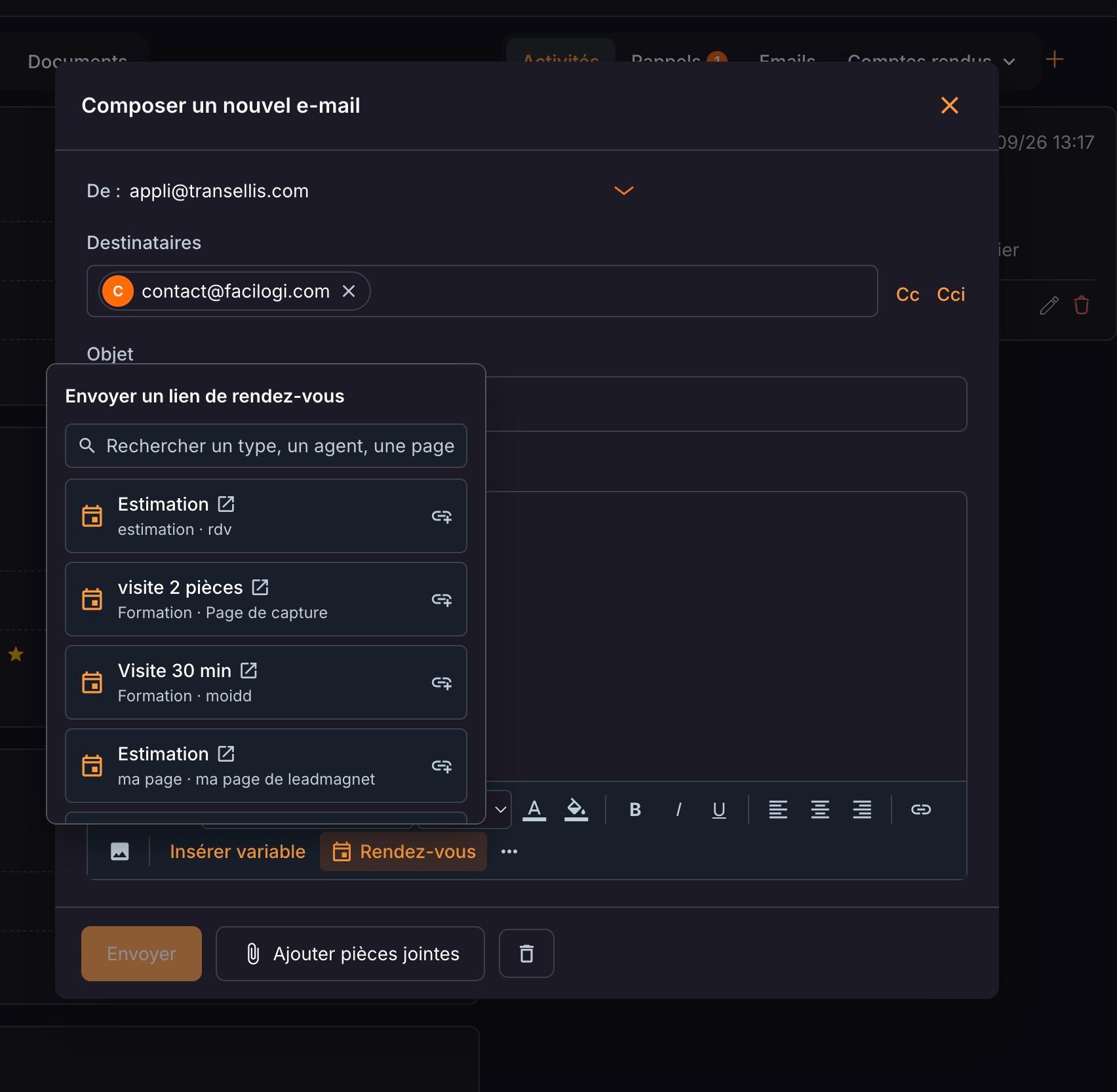 Le bouton « Rendez-vous » de la barre d'outils ouvre « Envoyer un lien de rendez-vous » : choisissez le type de rendez-vous et la page à envoyer.