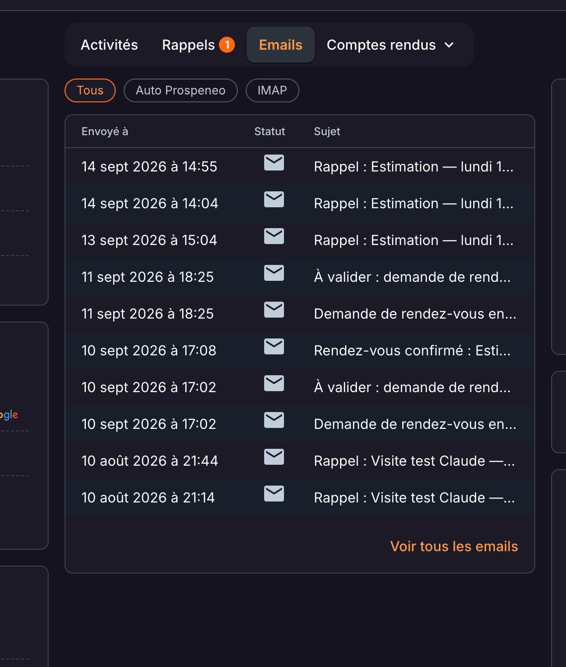 L'onglet « Emails » de la fiche contact : les emails envoyés au contact, filtrables par « Tous », « Auto Prospeneo » ou « IMAP ».