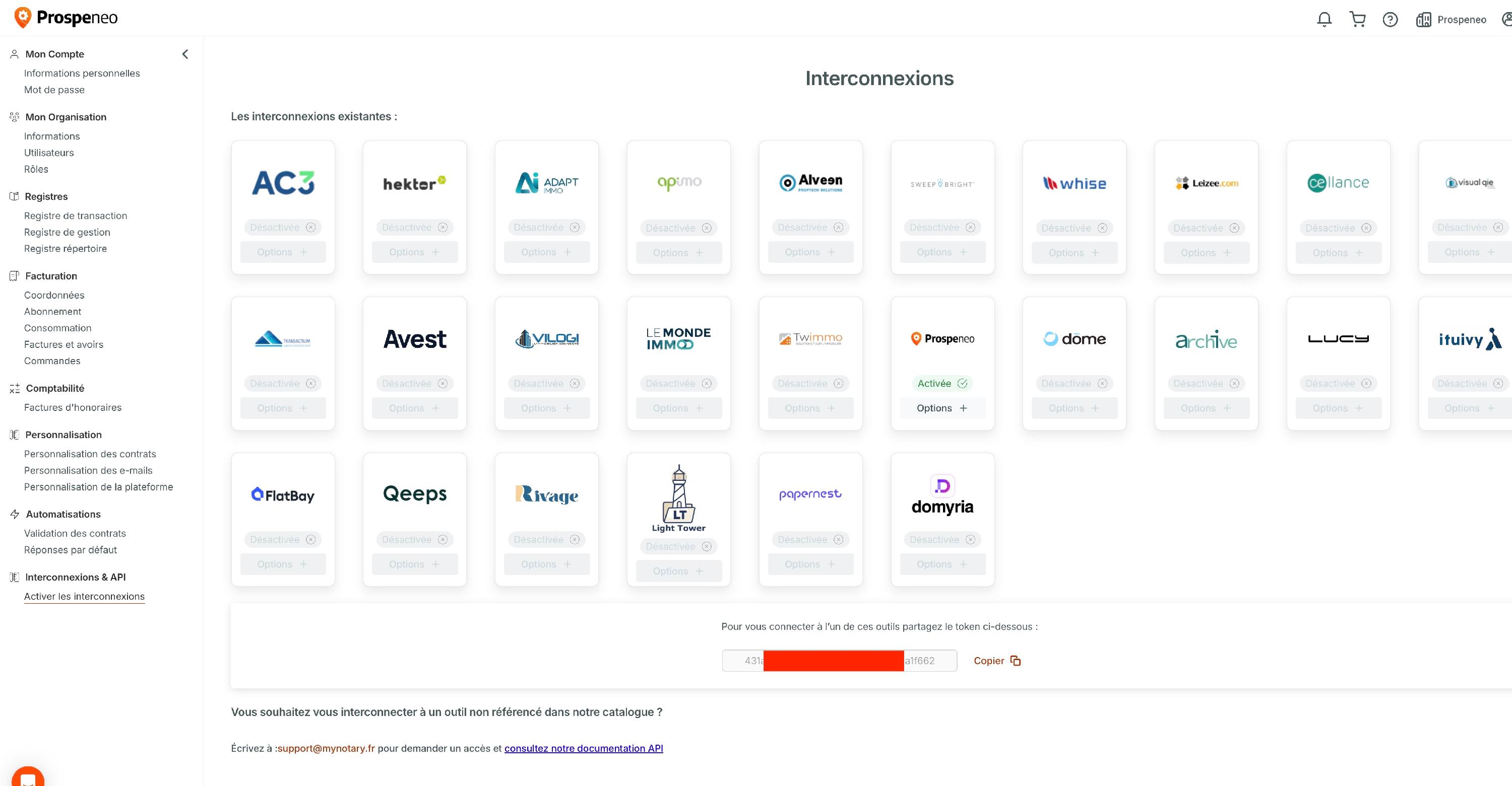 Dans MyNotary, « Interconnexions & API » puis « Activer les interconnexions » : le token de votre organisation se copie avec « Copier ».