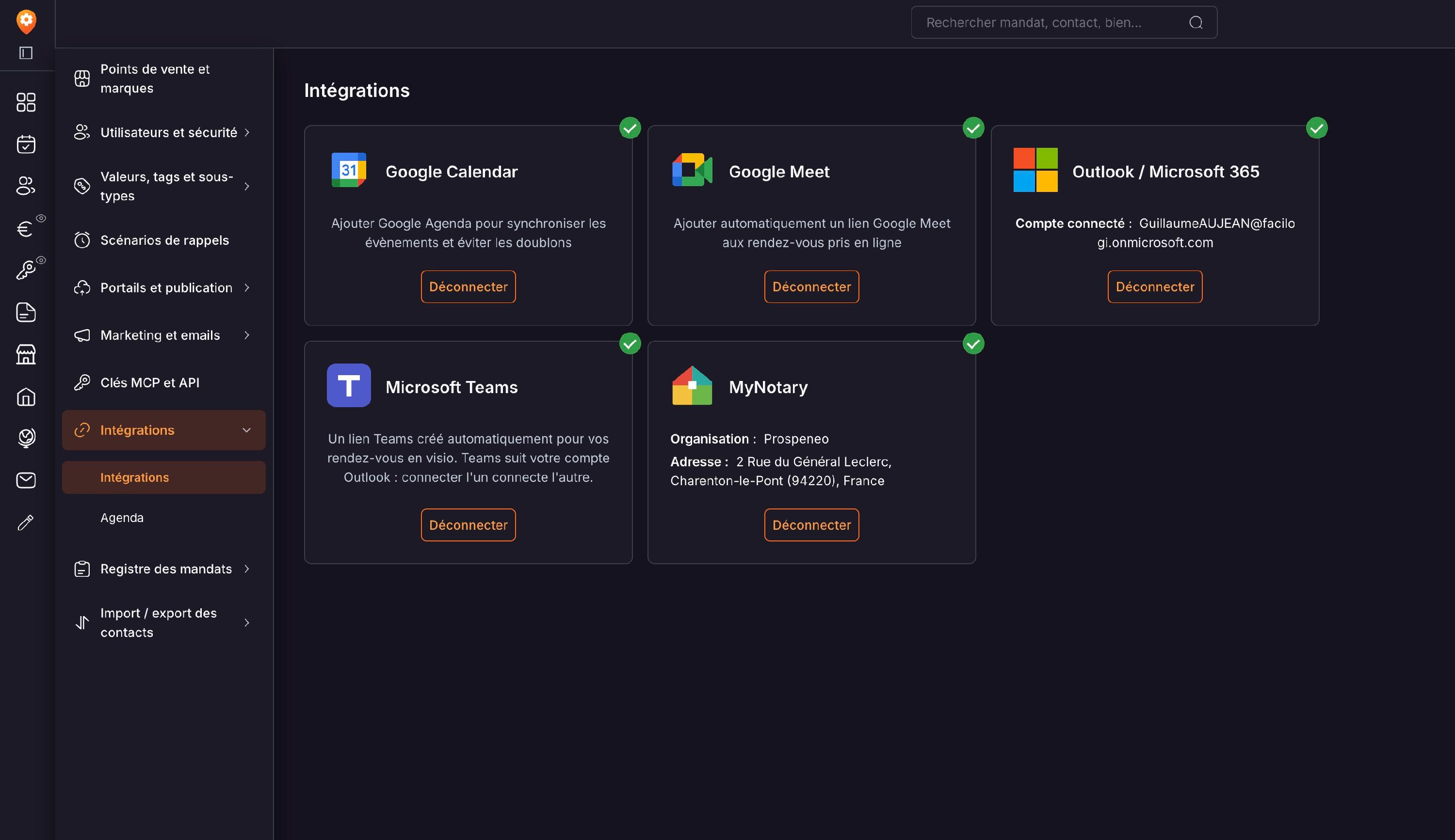 Le menu « Paramétrage » puis « Intégrations » de Prospeneo : la carte MyNotary, une fois connectée, affiche l'organisation et son adresse.