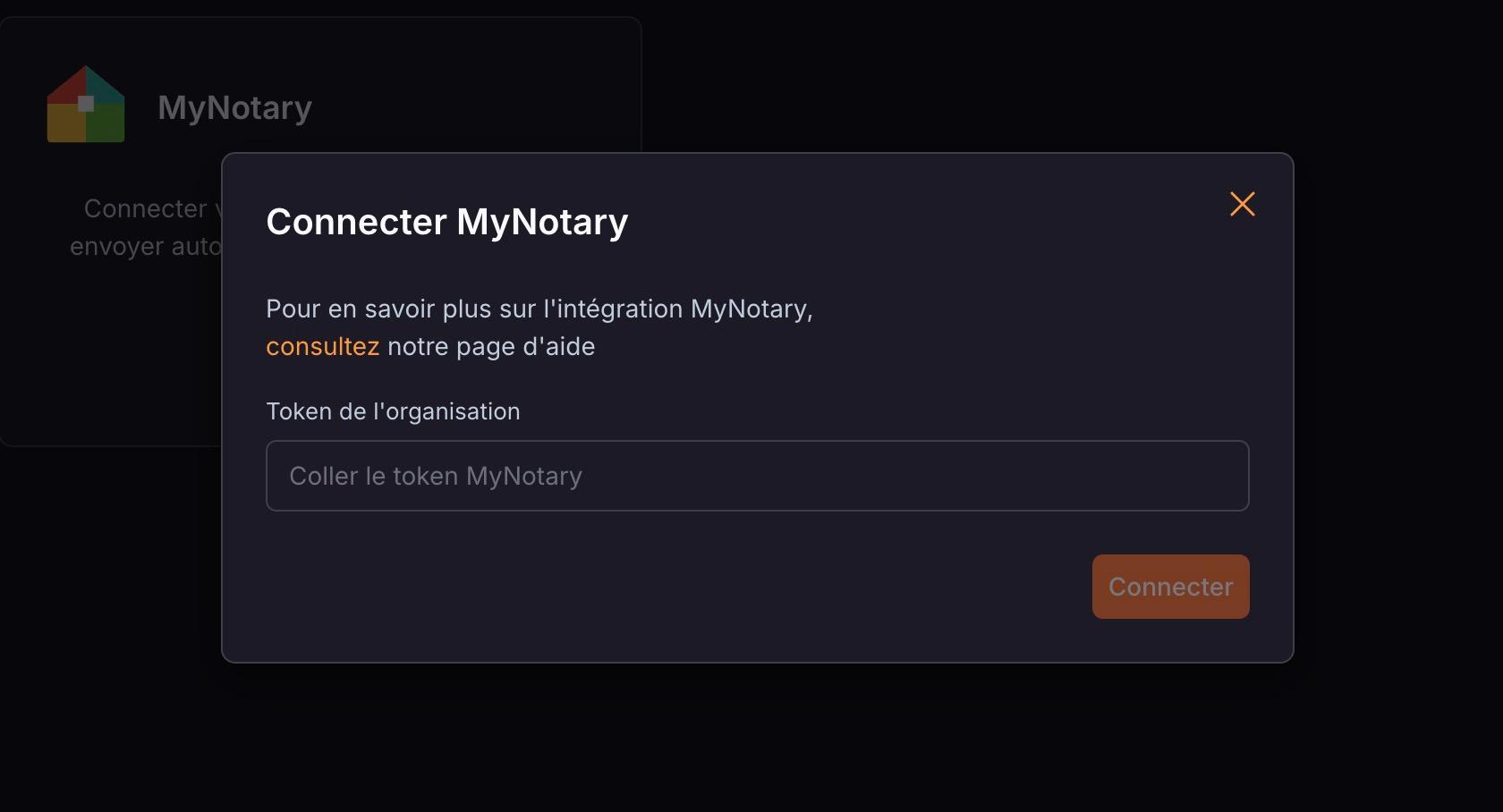 La fenêtre « Connecter MyNotary » : collez le token dans « Token de l'organisation », puis cliquez sur « Connecter ».