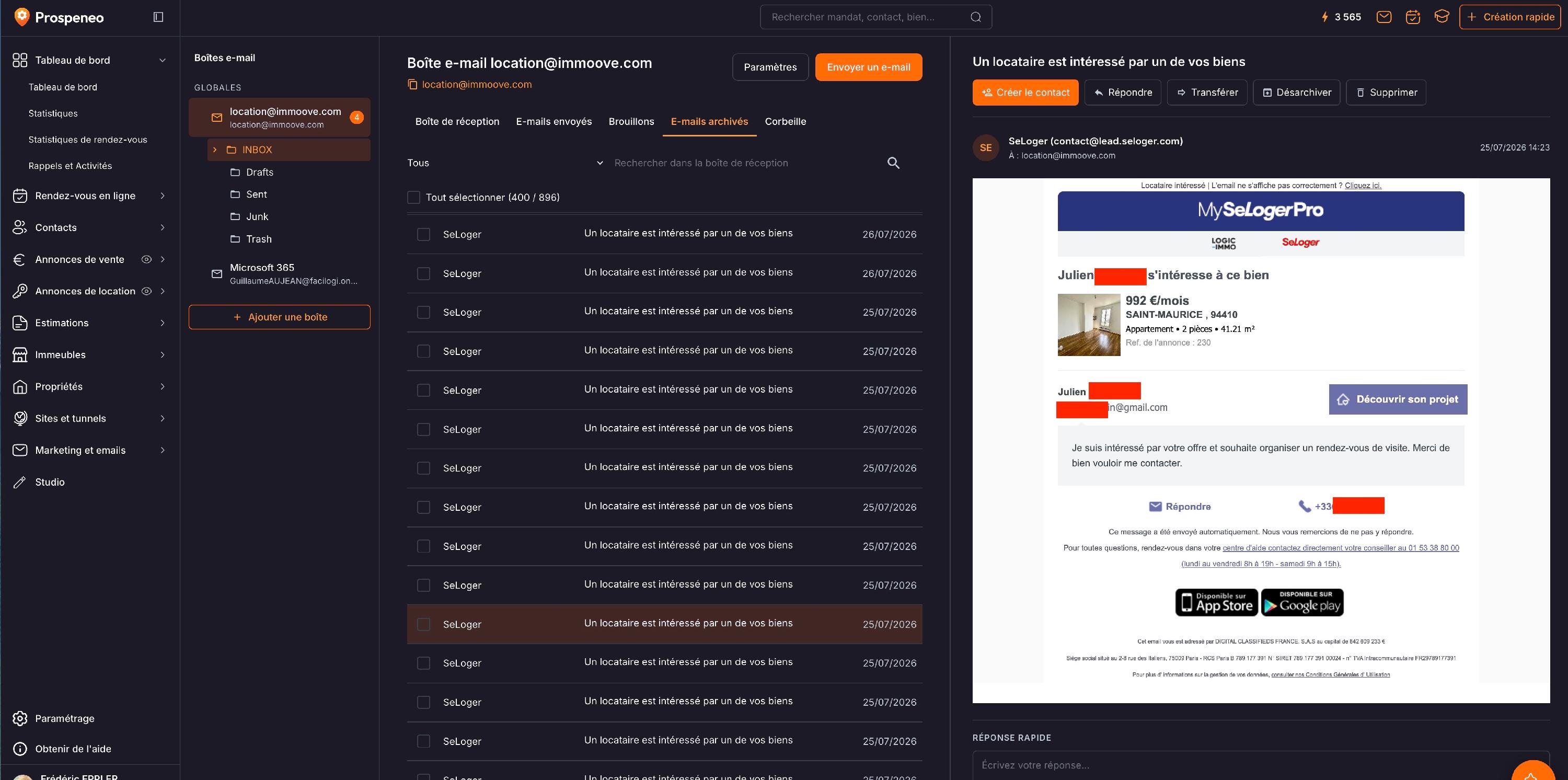 Une boîte d'alertes portails dans la messagerie de Prospeneo : la liste des alertes reçues, et l'alerte ouverte à droite avec le bouton « Créer le contact ».