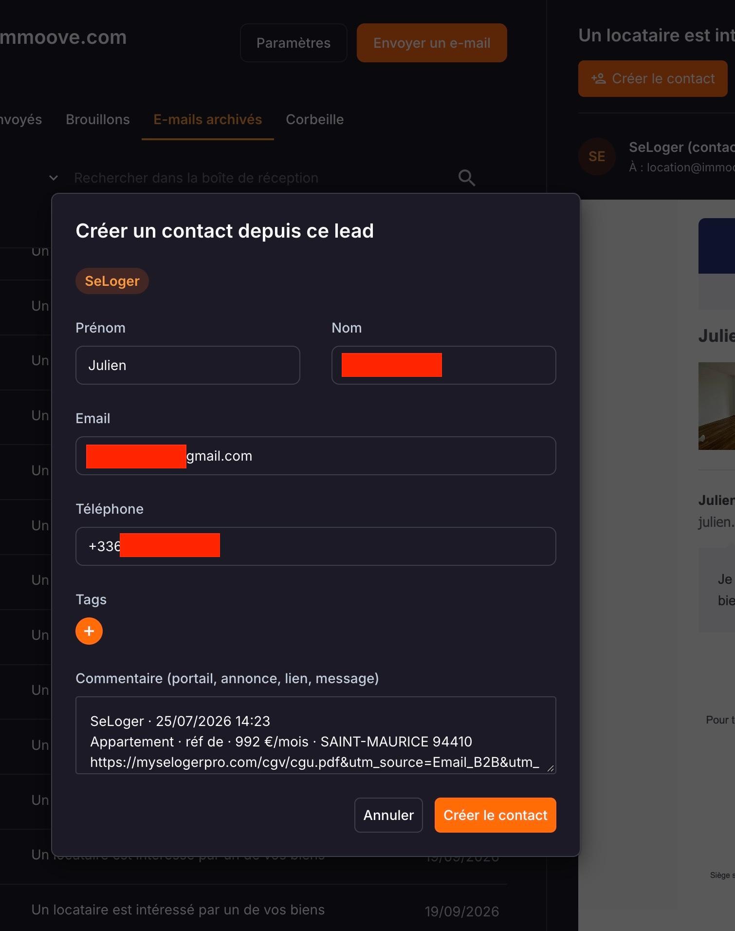 La fenêtre « Créer un contact depuis ce lead » : prénom, nom, email et téléphone repris de l'alerte, le portail d'origine, et le commentaire avec l'annonce et le lien.