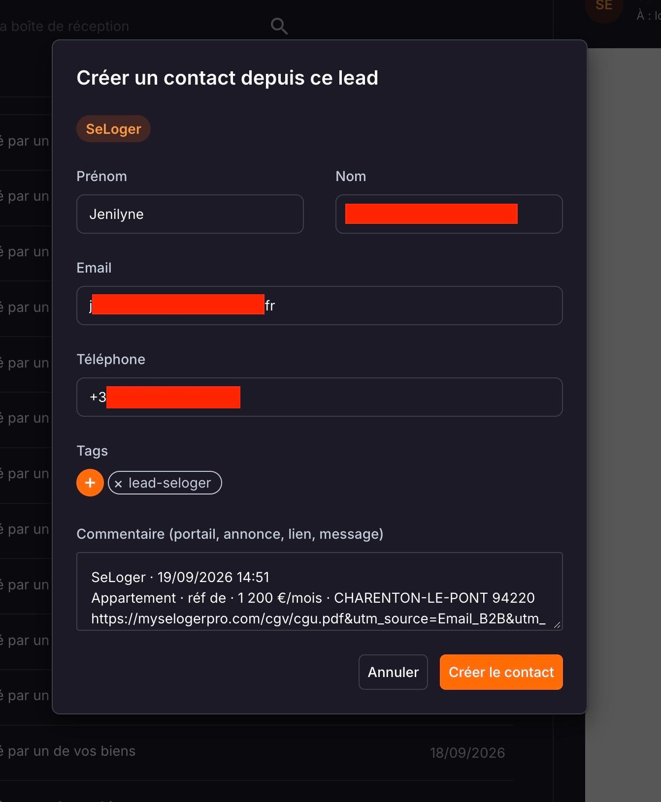 Un tag ajouté dans la fenêtre « Créer un contact depuis ce lead » avant de cliquer sur « Créer le contact » : il servira de déclencheur.