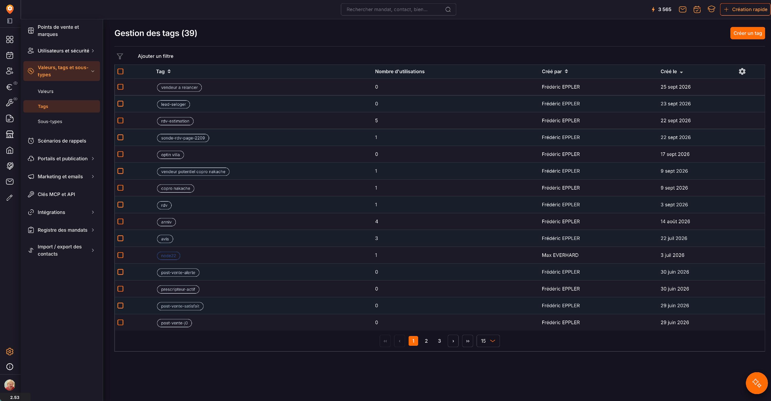 « Configuration → Valeurs, tags et sous-types → Tags » : la liste « Gestion des tags », avec le nombre d'utilisations de chaque tag, et le bouton « Créer un tag ».