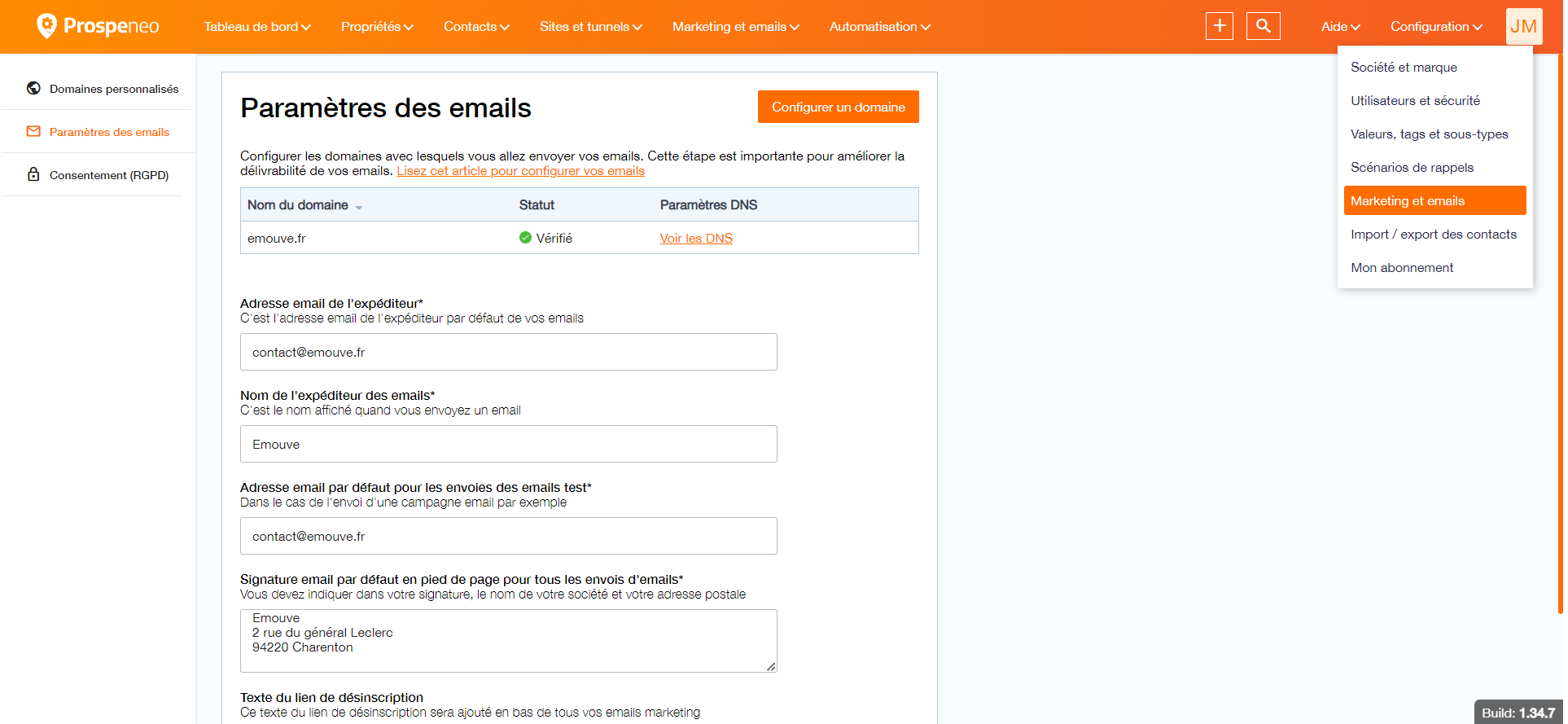 Ancienne interface : l'accès passait par le menu « Configuration » en haut à droite, puis « Marketing et emails ». Aujourd'hui : « Paramétrage », en bas de la barre latérale.