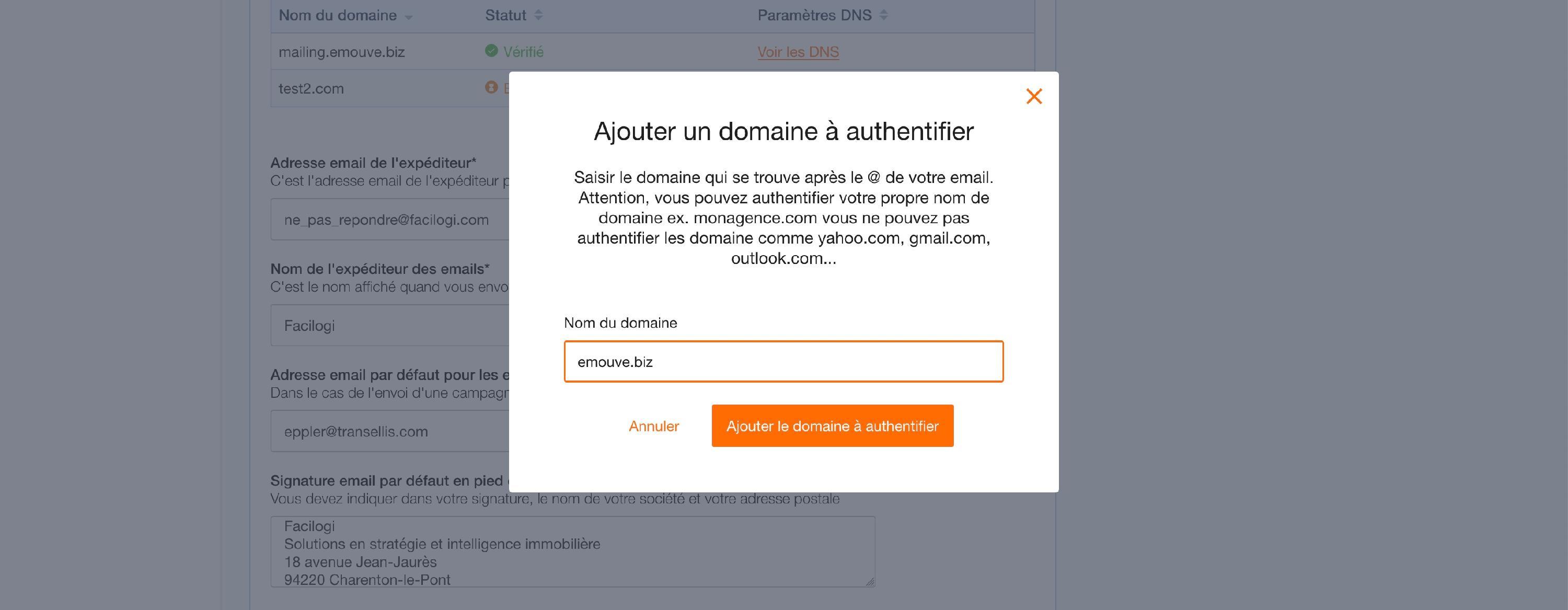 La fenêtre « Ajouter un domaine à authentifier » : le nom du domaine, sans www., puis « Ajouter le domaine à authentifier ».