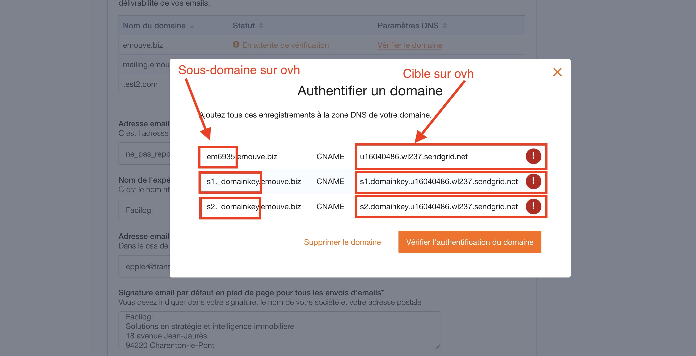 Ce qu'il faut reporter chez OVH : le début du nom devient le « Sous-domaine », la valeur devient la « Cible ».