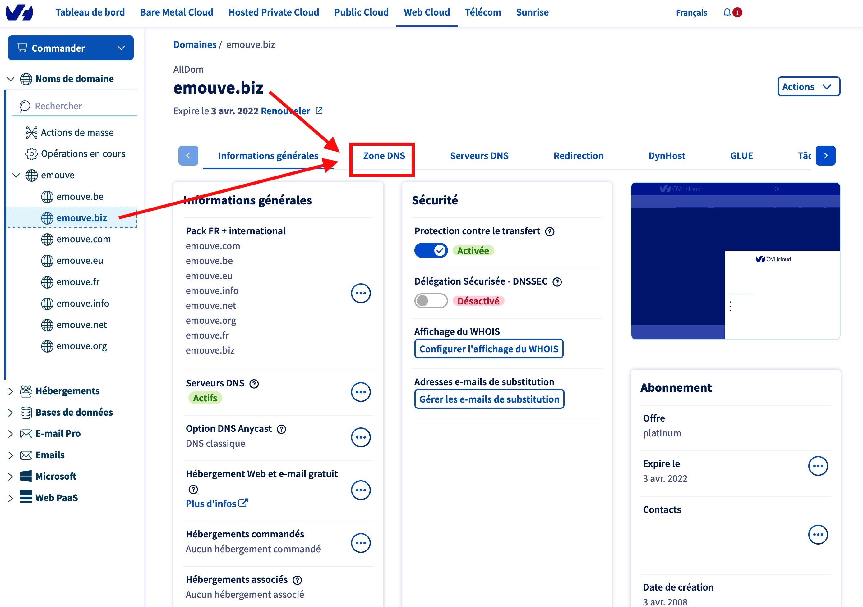 La fiche du domaine chez OVH : l'onglet « Zone DNS ».
