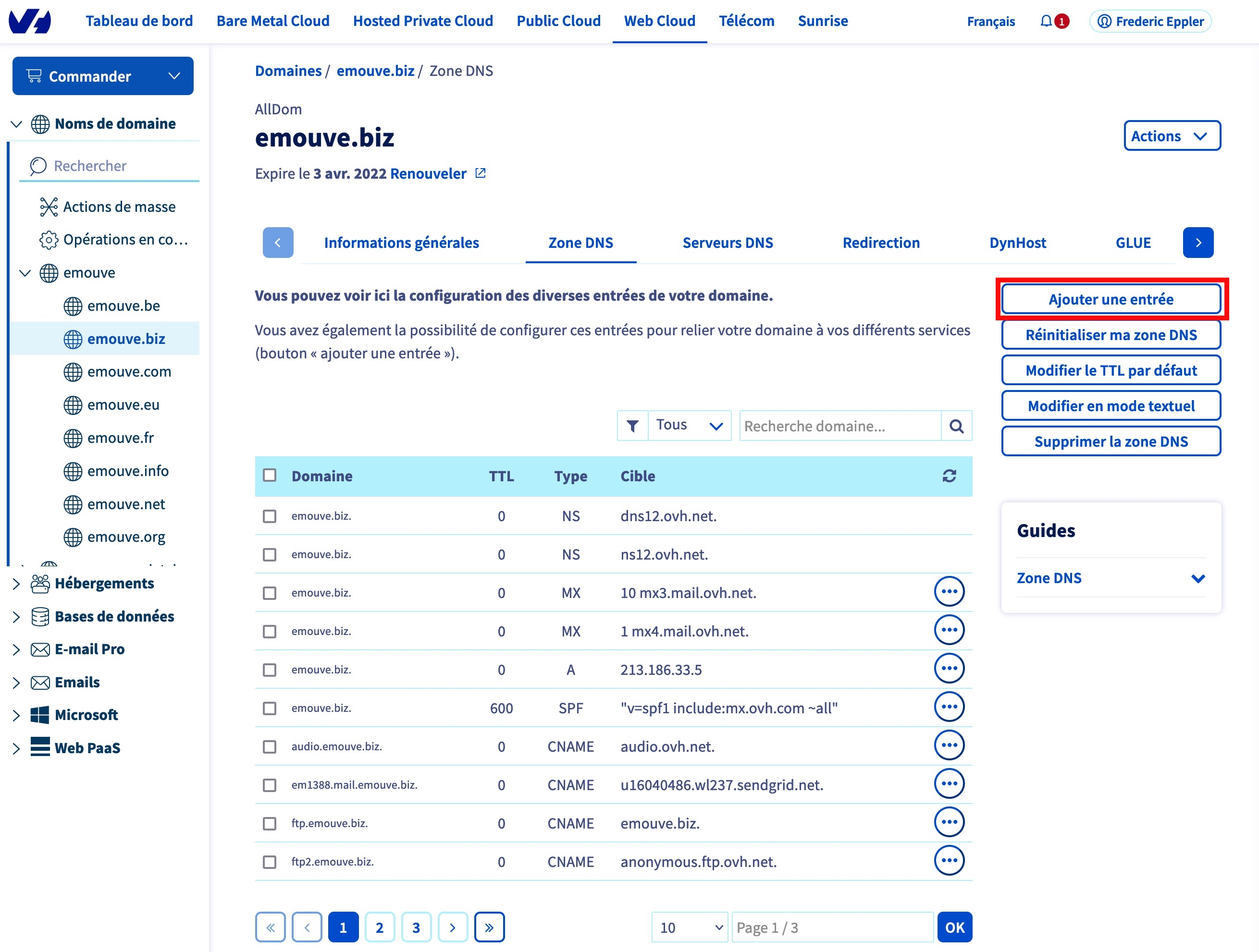 La zone DNS chez OVH : le bouton « Ajouter une entrée ».