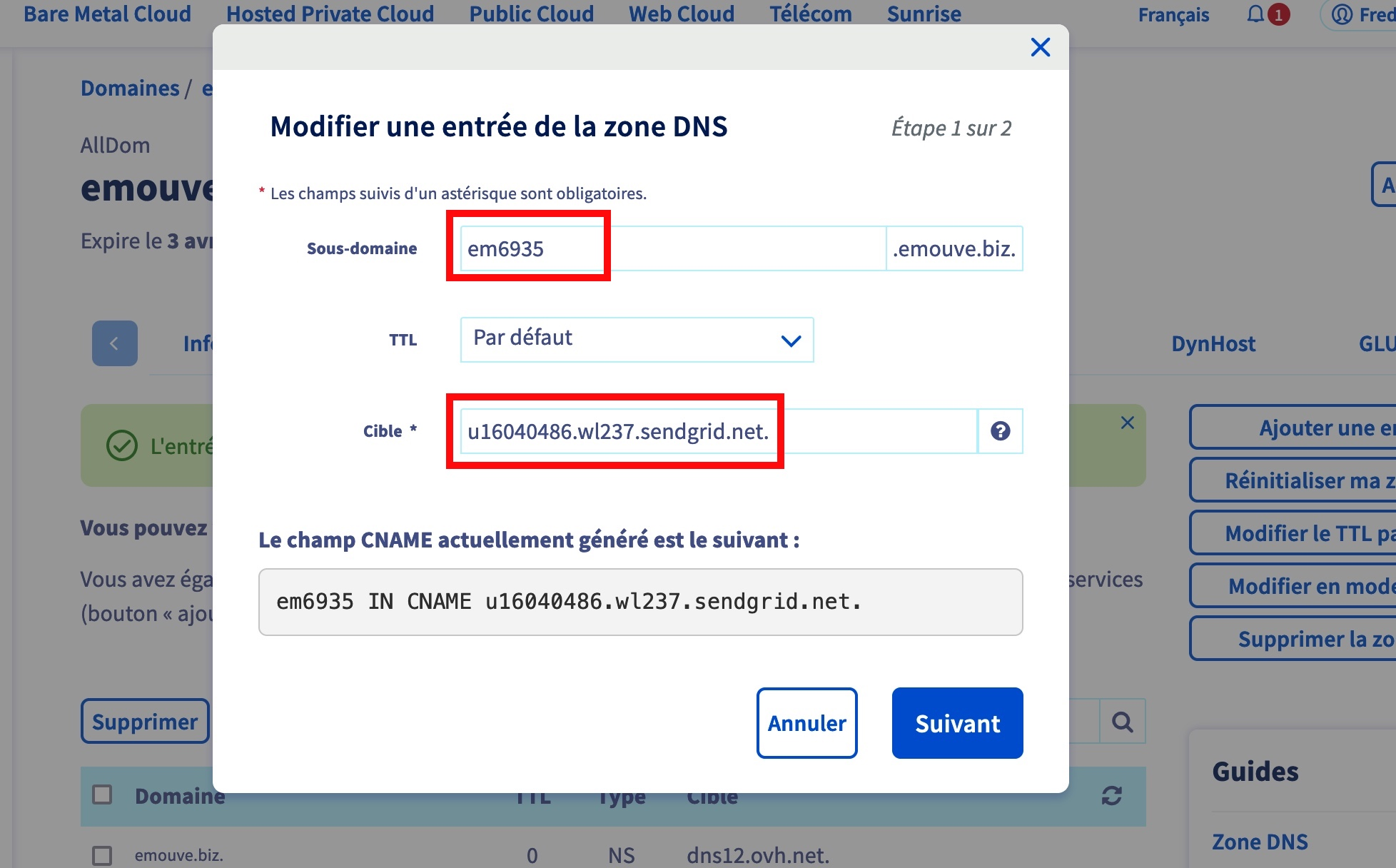 Le formulaire CNAME chez OVH : le sous-domaine sans le domaine, la cible avec son point final.