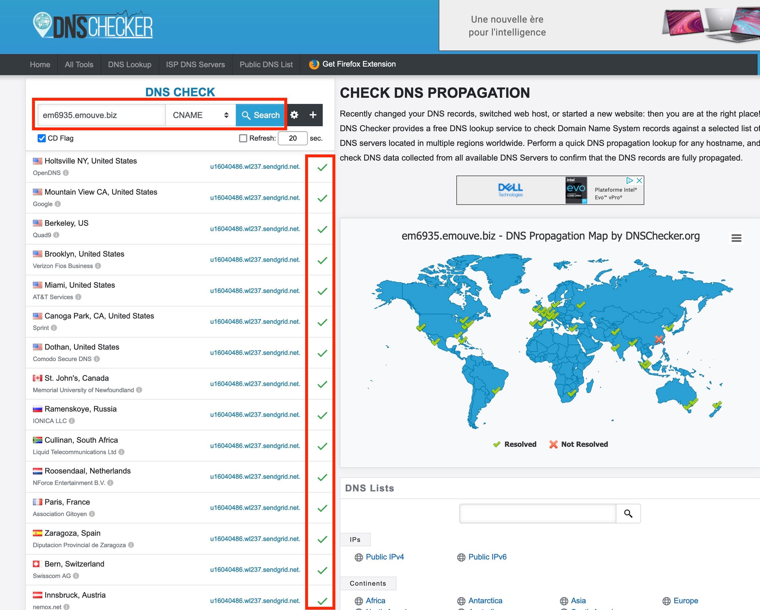 DNS Checker : le CNAME est visible partout dans le monde, avec la valeur SendGrid en face.