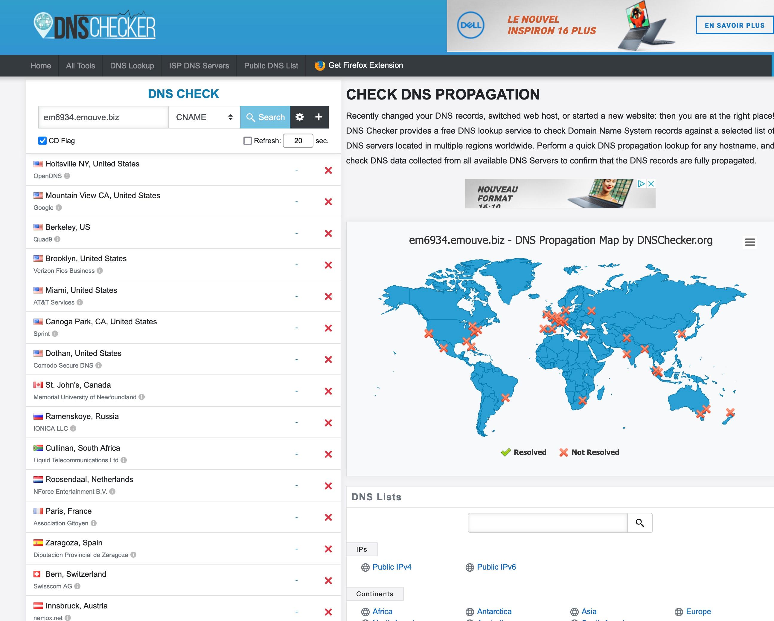 DNS Checker : des croix rouges partout, l'enregistrement n'est pas trouvé sous ce nom.