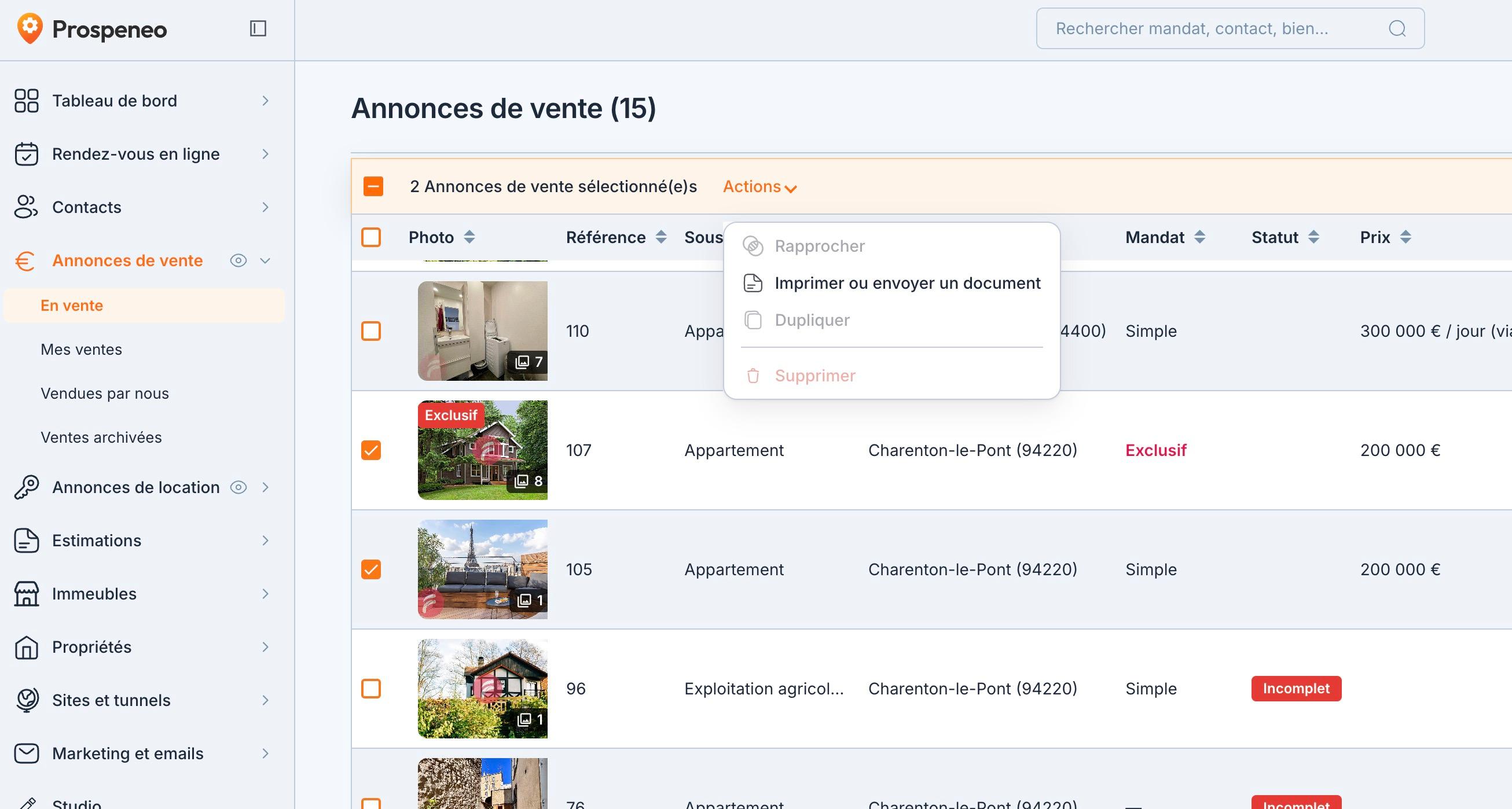 La liste des annonces de vente : deux annonces cochées, puis Actions > « Imprimer ou envoyer un document ».