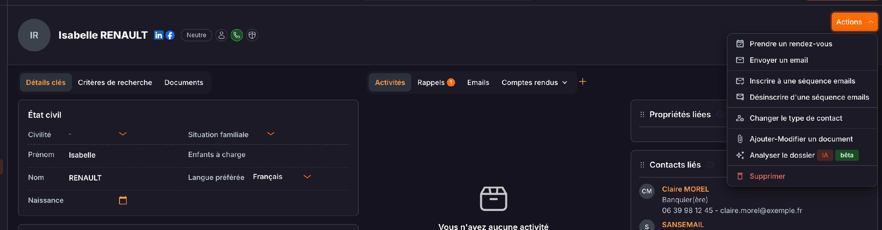 La fiche d'un contact : « Actions », puis « Prendre un rendez-vous ».