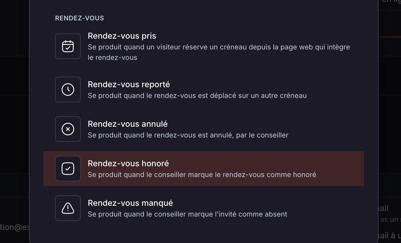 La catégorie « Rendez-vous » de la fenêtre « Ajouter un déclencheur » : « Rendez-vous pris », « reporté », « annulé », « honoré » et « manqué », chacun avec ce qui le déclenche.