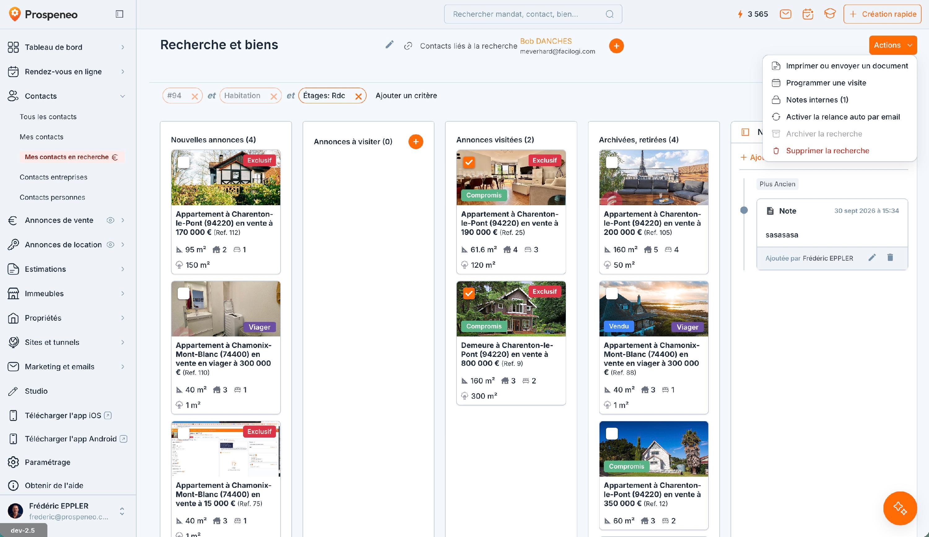 Le panier de recherche : les annonces cochées, et le menu « Actions » avec « Programmer une visite ».