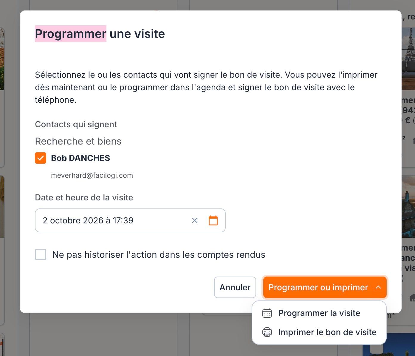 La fenêtre « Programmer une visite » : les contacts qui signent, la date et l'heure, la case « Ne pas historiser », et le menu « Programmer ou imprimer ».