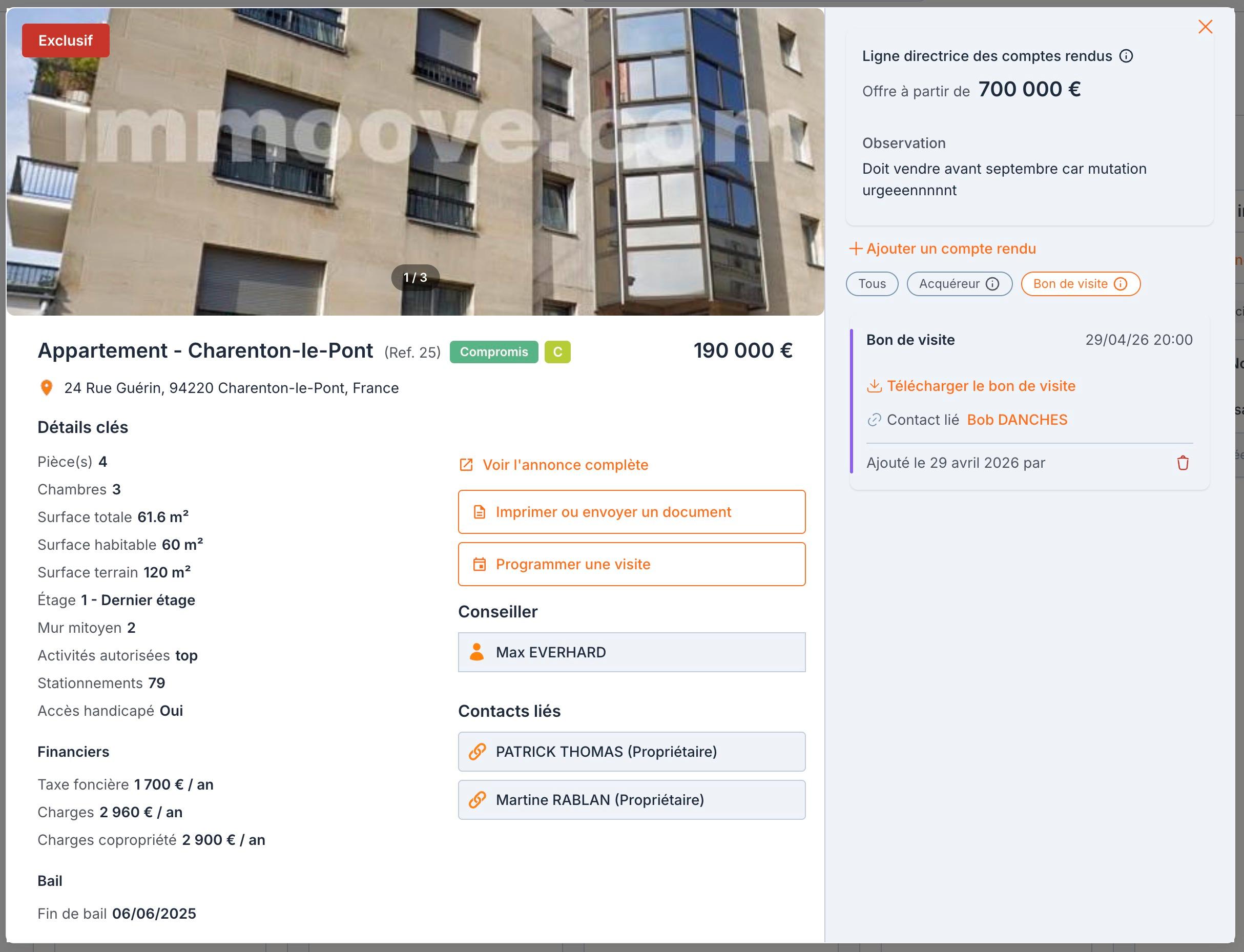 Le détail d'une annonce ouvert depuis le panier : à droite, les comptes rendus filtrés sur « Bon de visite », avec « Télécharger le bon de visite ».