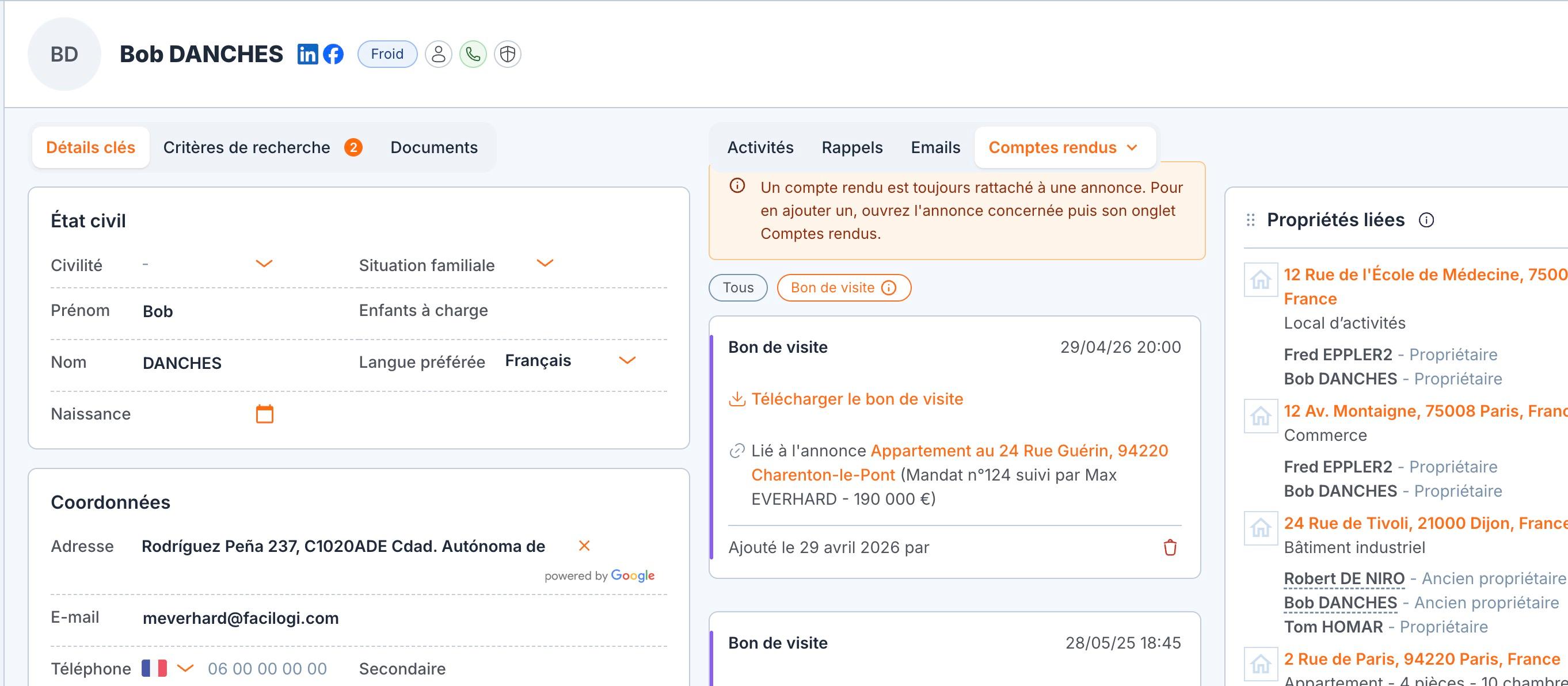 L'onglet « Comptes rendus » de la fiche du prospect : le bon de visite, son lien de téléchargement et l'annonce liée.
