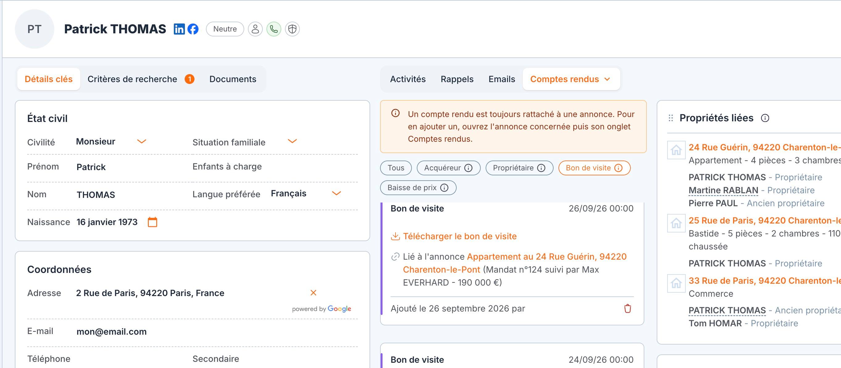 L'onglet « Comptes rendus » de la fiche du propriétaire, filtré sur « Bon de visite » : le bon, son lien de téléchargement et l'annonce liée.