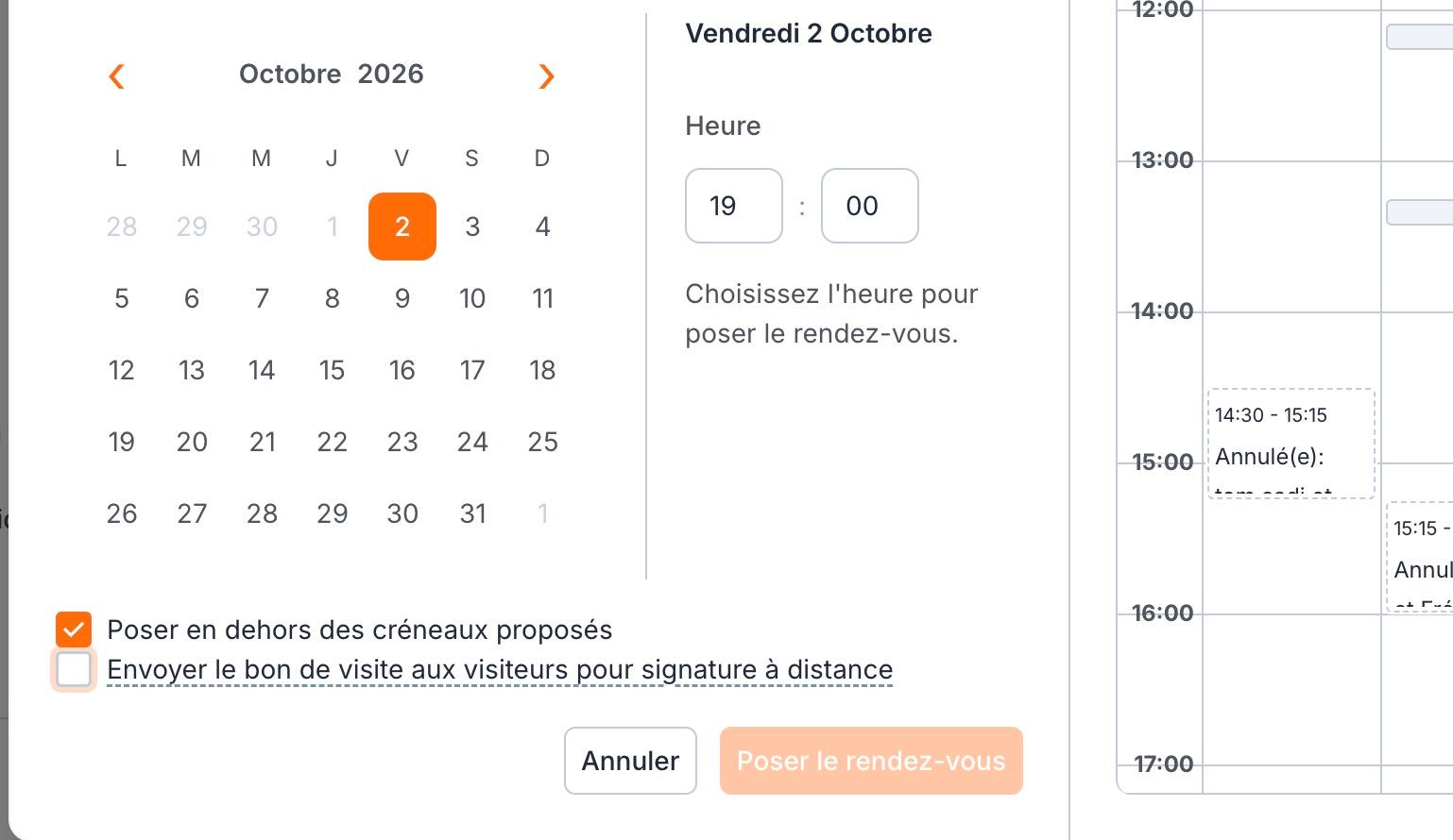 « Poser en dehors des créneaux proposés » cochée : on saisit l'heure soi-même, la semaine d'agenda reste visible à droite.