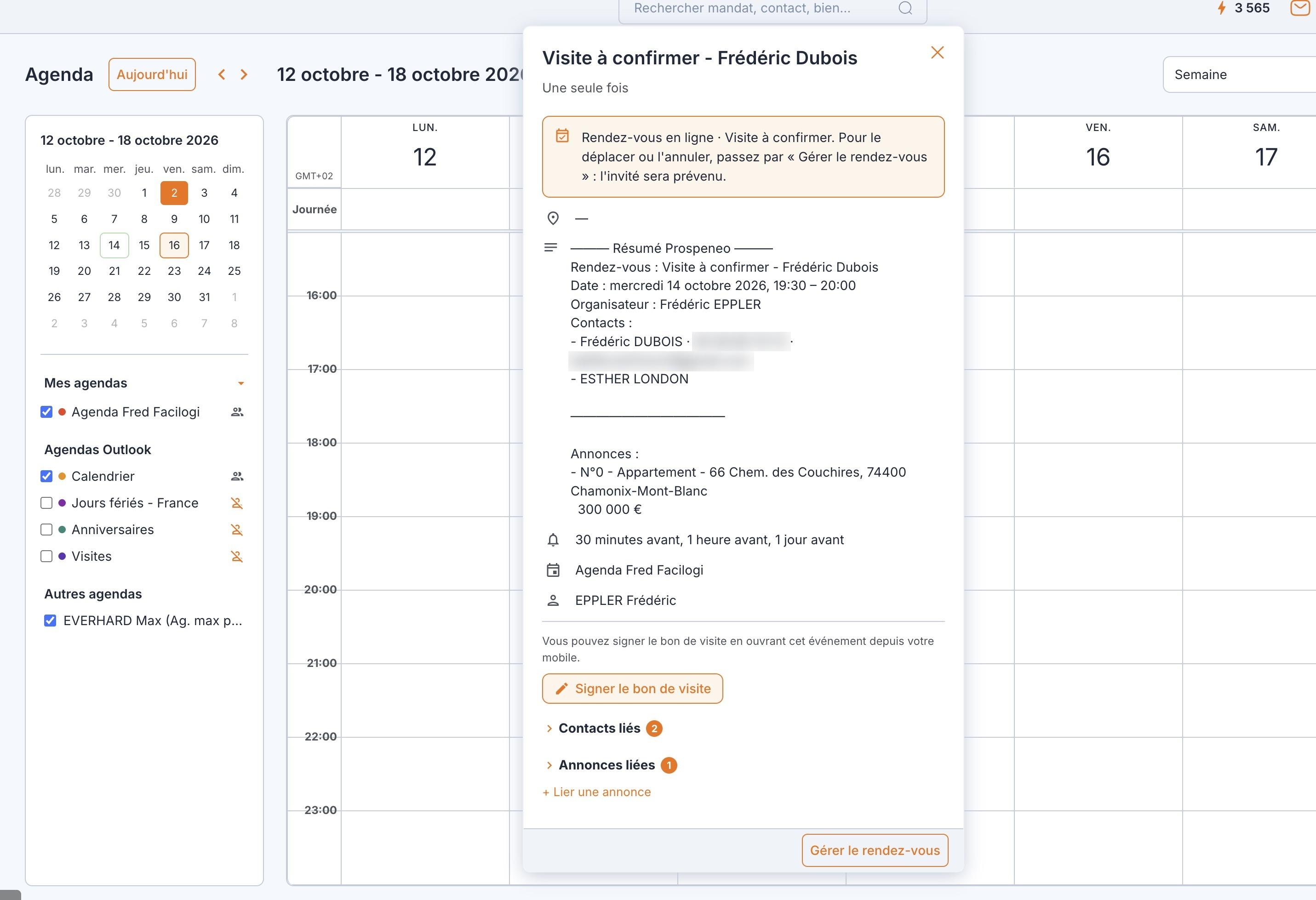 Un rendez-vous en ligne dans l'agenda : le bandeau « Rendez-vous en ligne », le « Résumé Prospeneo » (rendez-vous, date, organisateur, contacts, annonces), les rappels, « Signer le bon de visite », les contacts et annonces liés, et « Gérer le rendez-vous ».