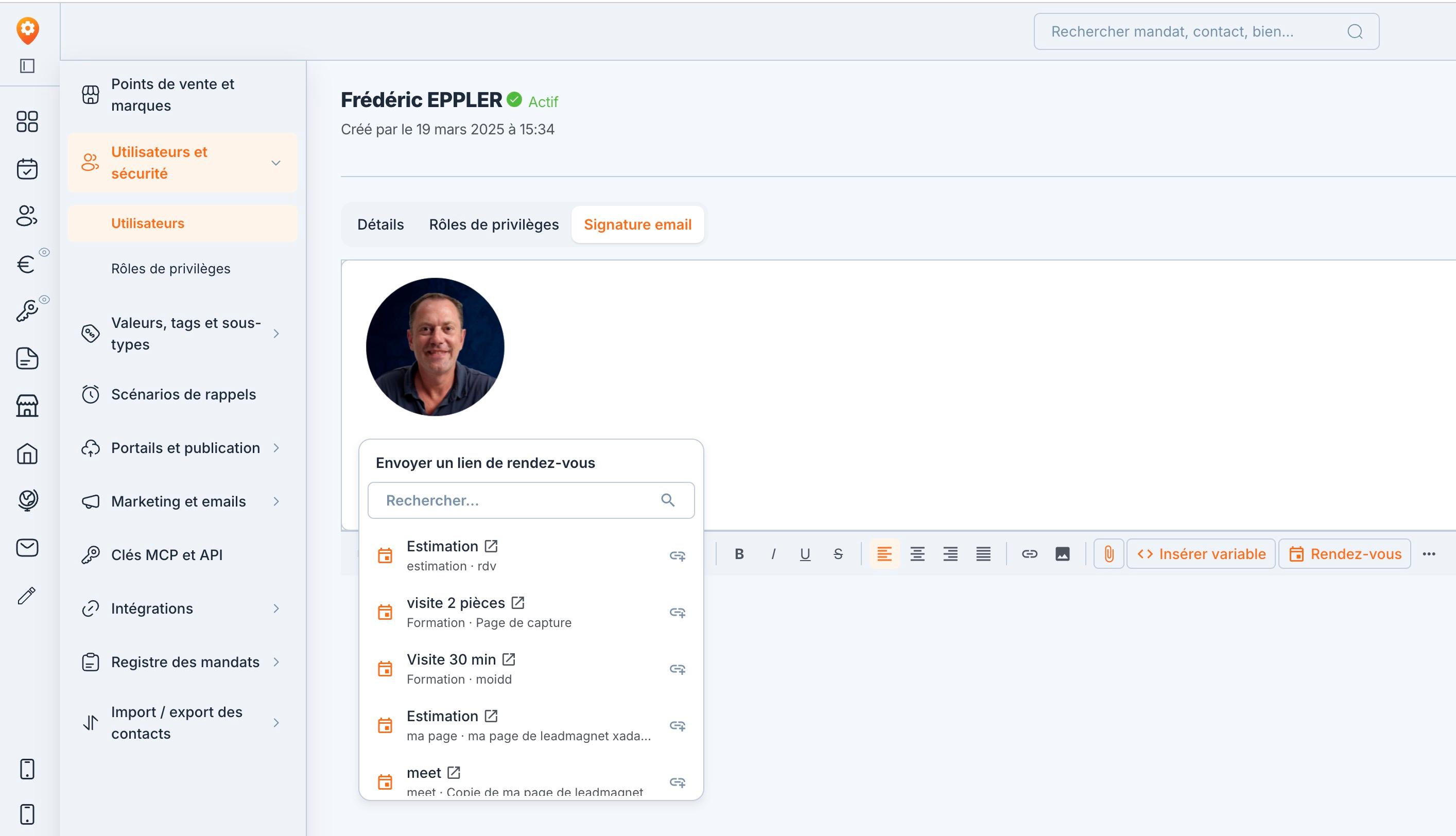 La signature e-mail d'un utilisateur : le bouton « Rendez-vous » ouvre « Envoyer un lien de rendez-vous », avec chaque type, son tunnel et sa page.