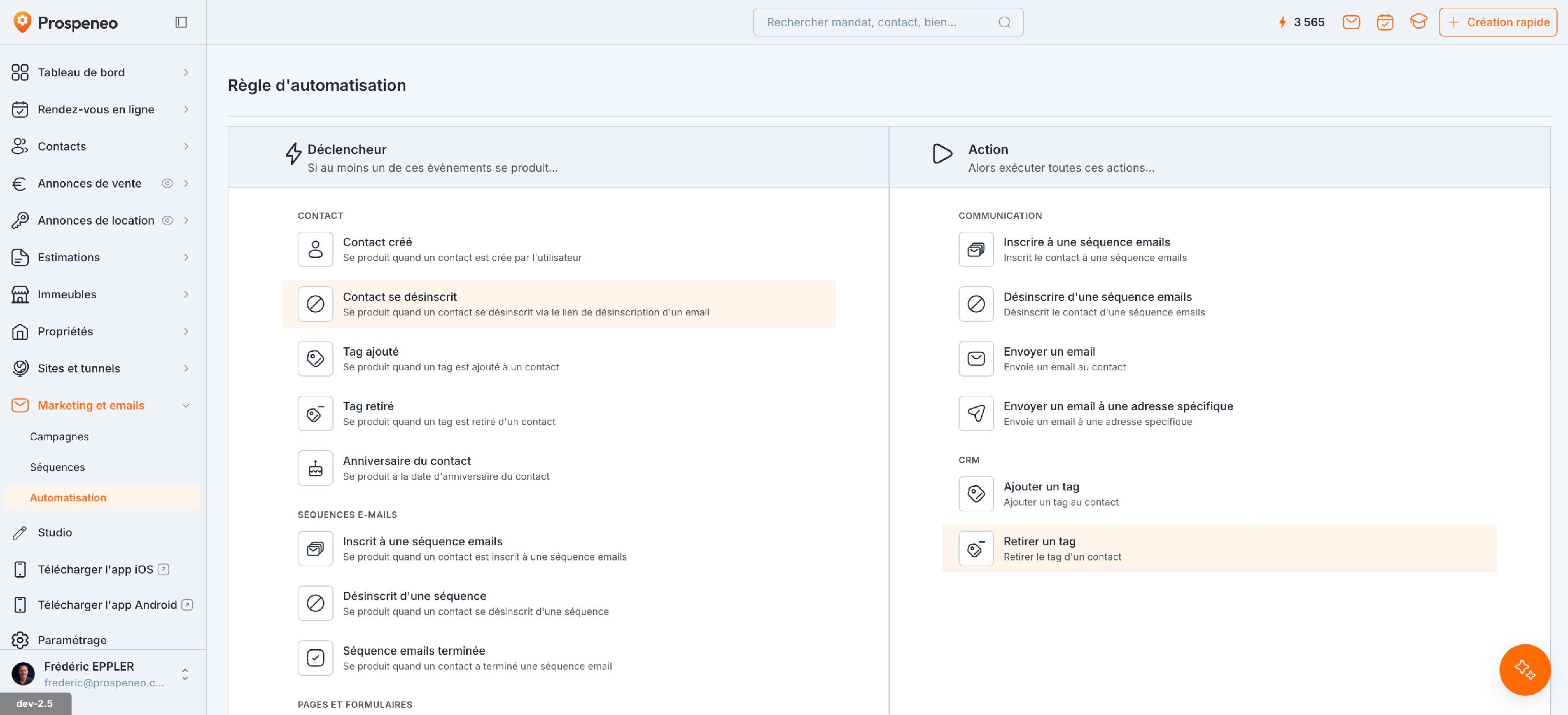 Une nouvelle règle : à gauche les déclencheurs (« Si au moins un de ces évènements se produit… »), à droite les actions (« Alors exécuter toutes ces actions… »).