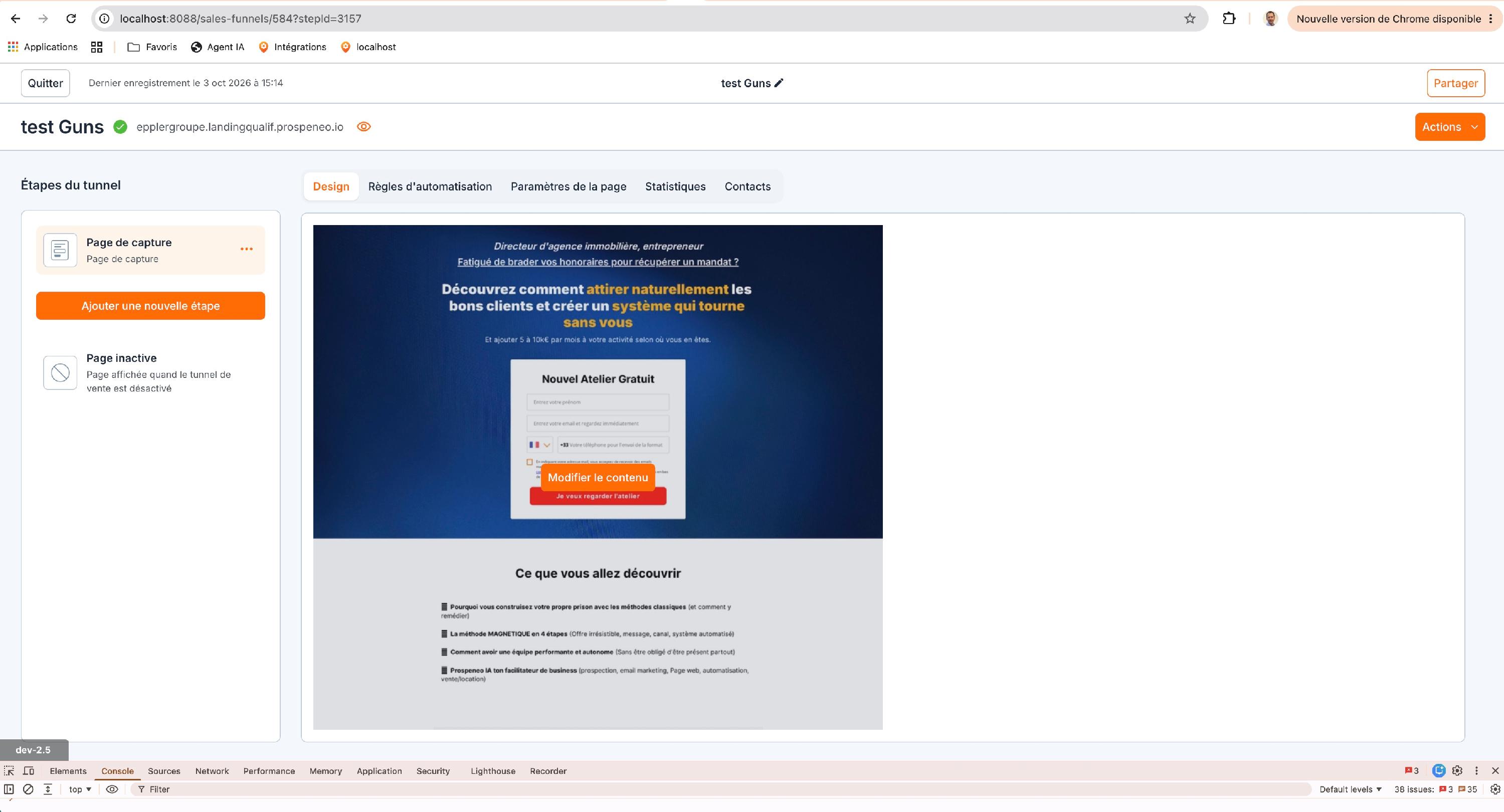 Une page de tunnel de vente : l'onglet « Règles d'automatisation » est à côté de « Design », au-dessus de l'aperçu de la page.
