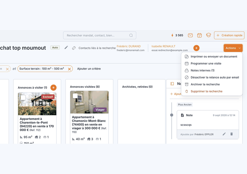 Une recherche acquéreur : menu « Actions », puis « Programmer une visite » pour choisir le créneau et poser les annonces.